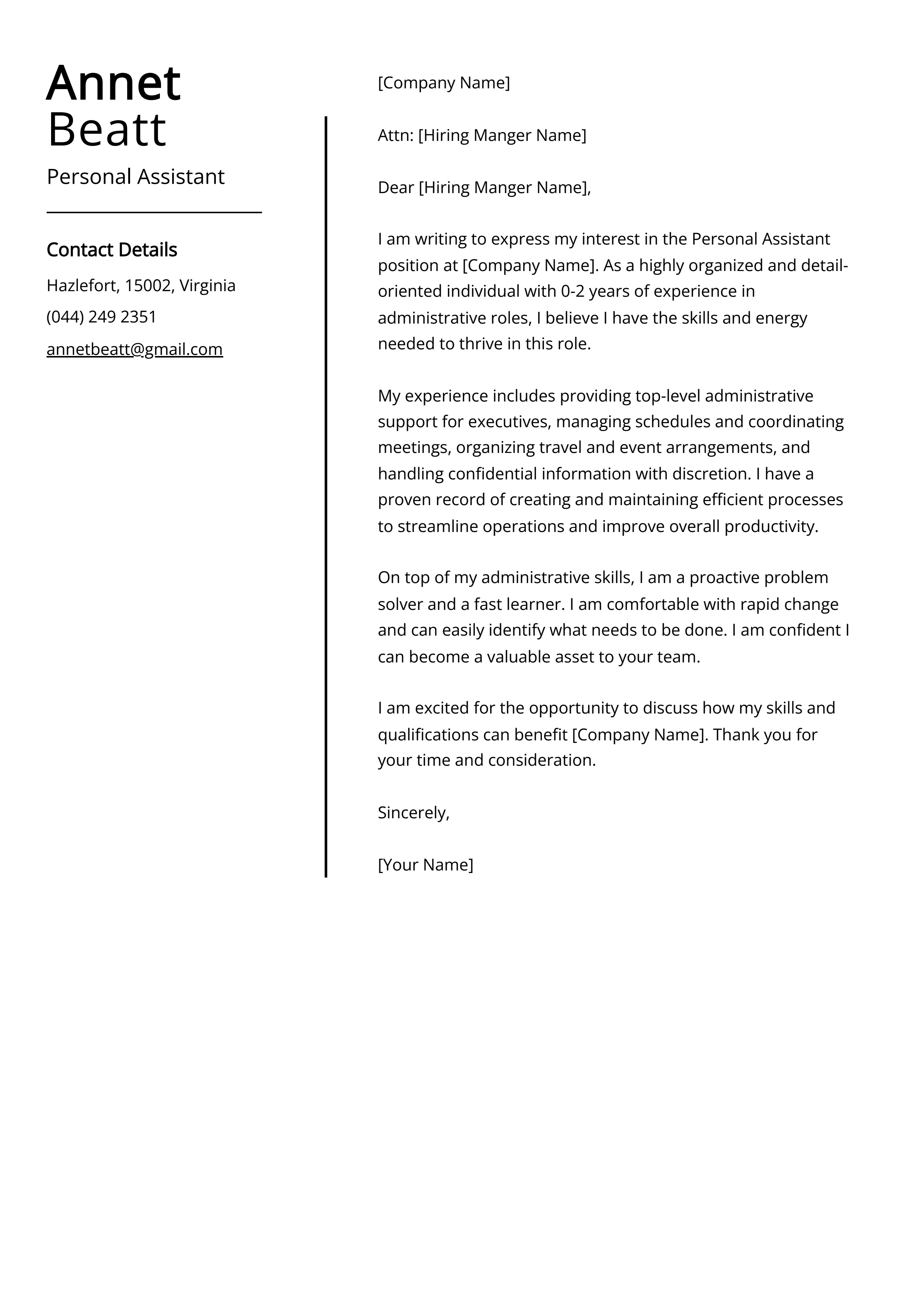 Personal Assistant Cover Letter Example