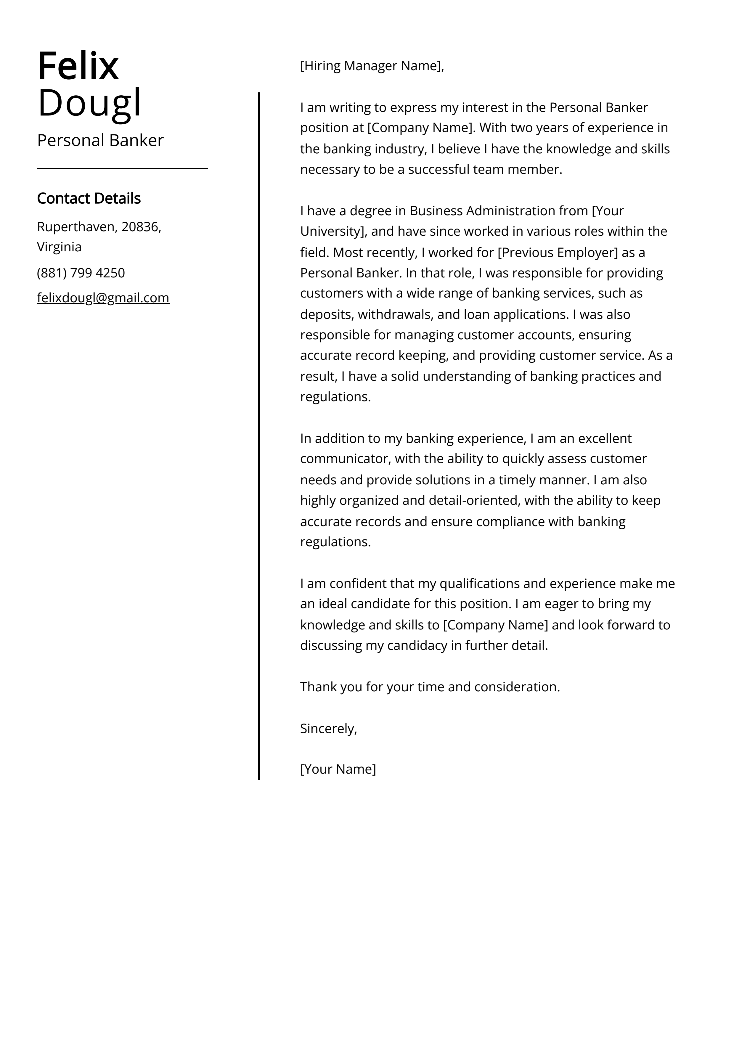 Personal Banker Cover Letter Example