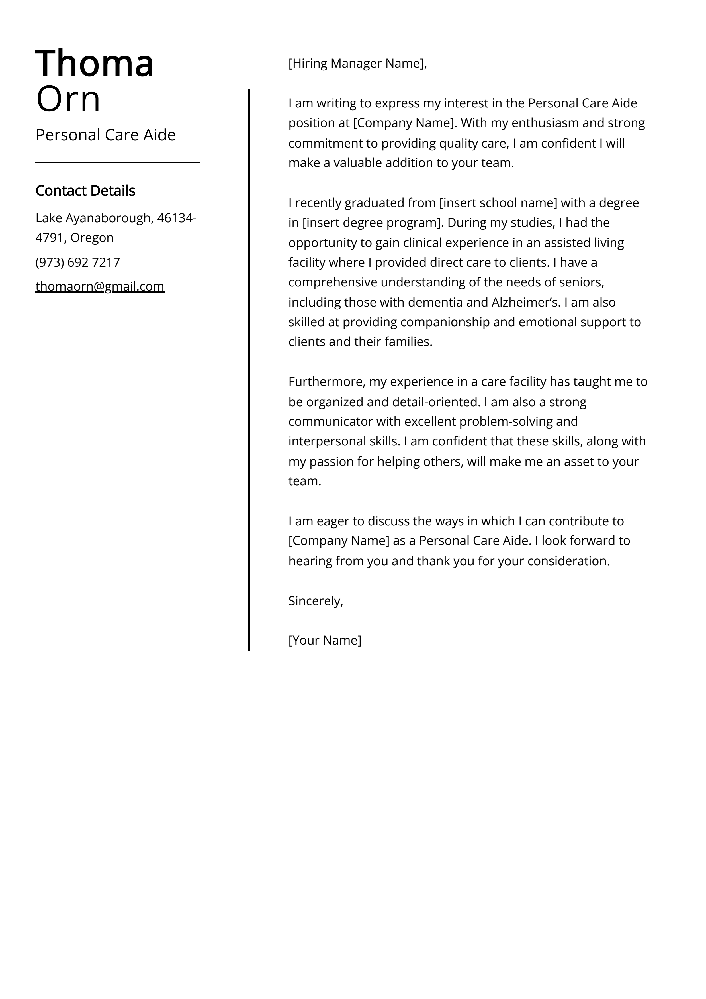Personal Care Aide Cover Letter Example