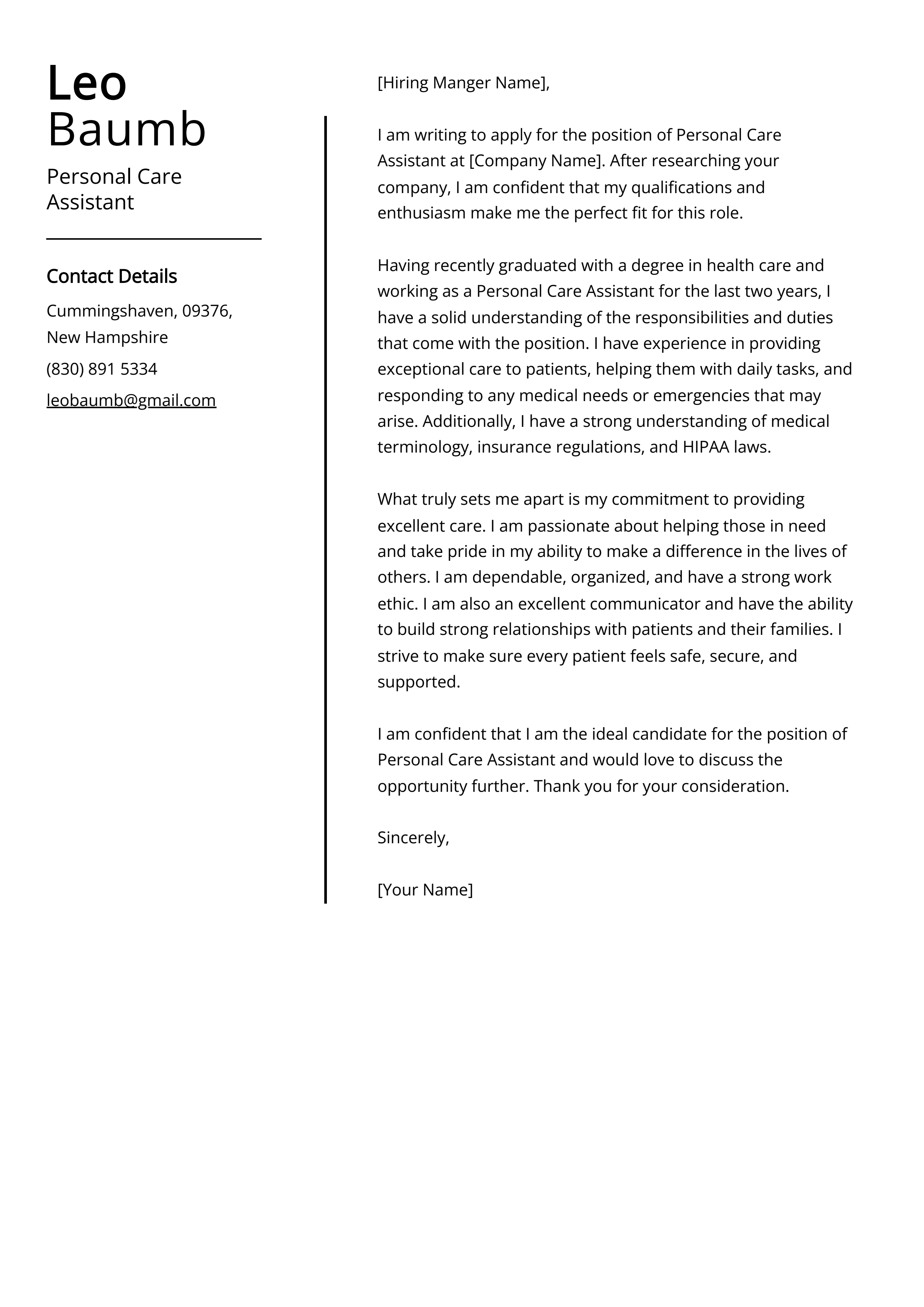 Personal Care Assistant Cover Letter Example