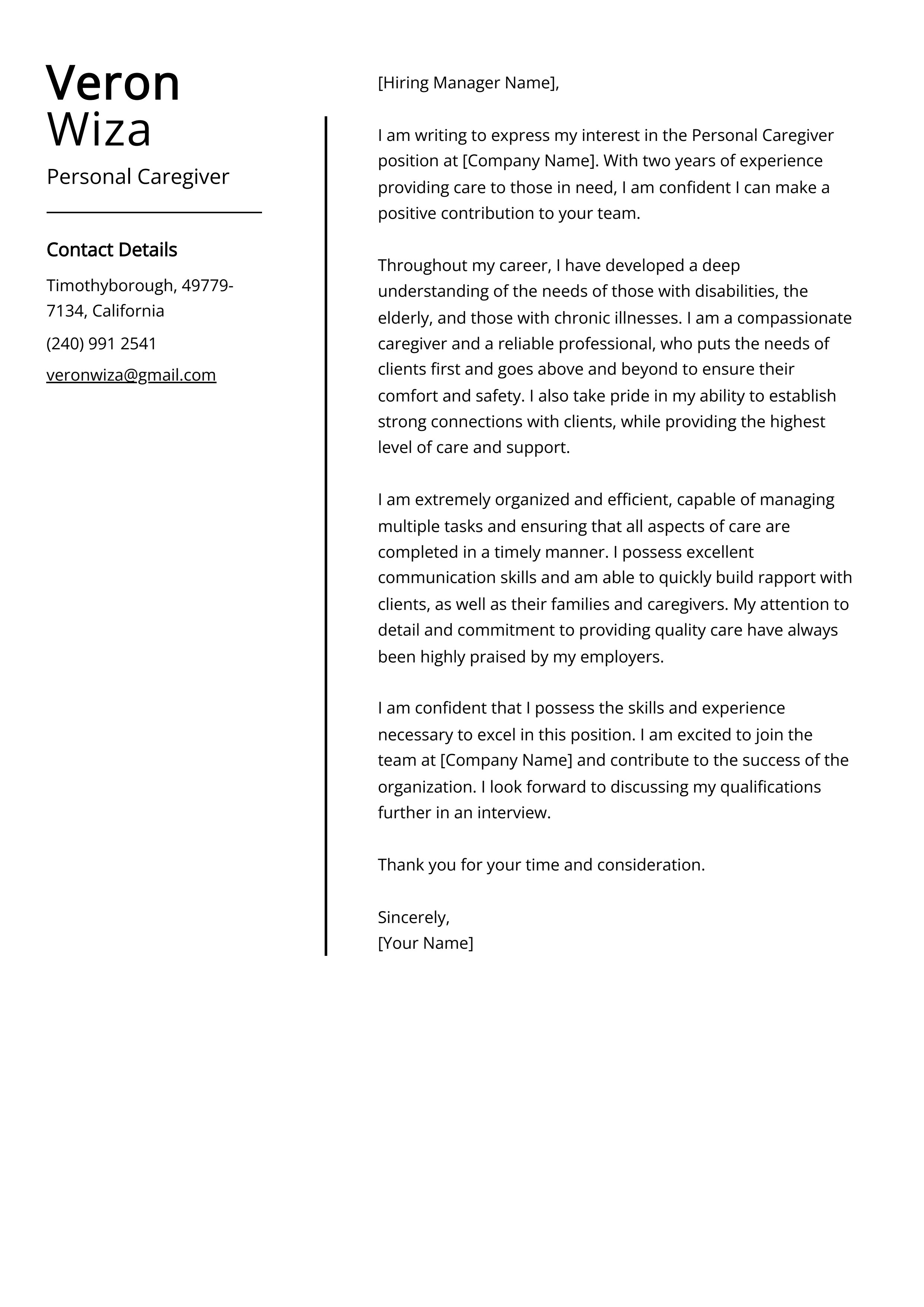 Personal Caregiver Cover Letter Example