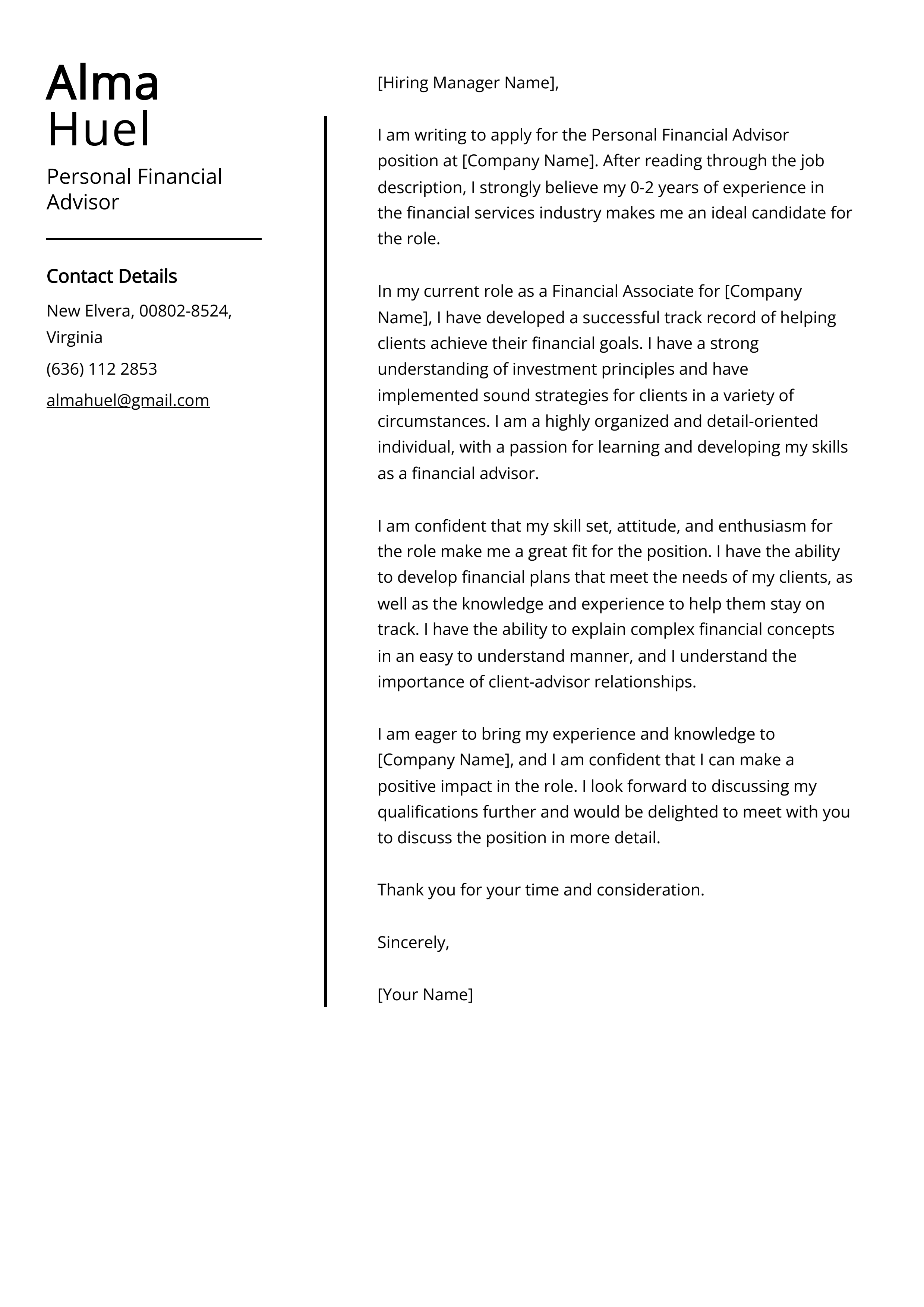 Personal Financial Advisor Cover Letter Example