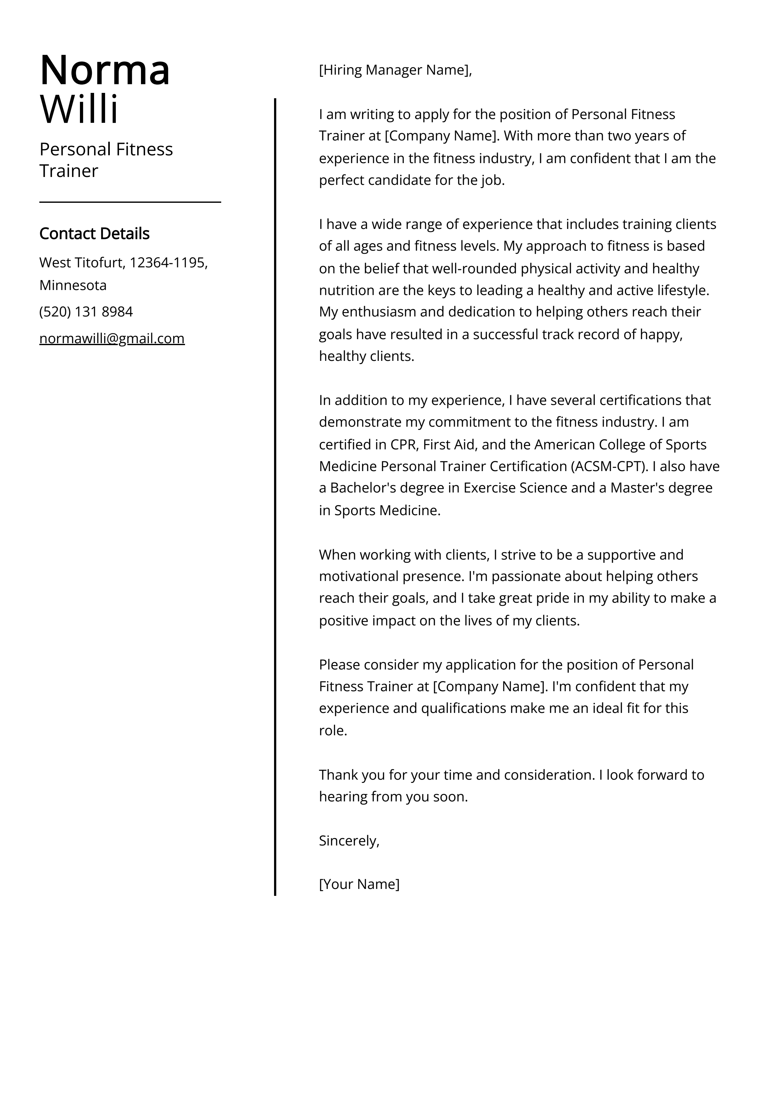 Personal Fitness Trainer Cover Letter Example (Free Guide)