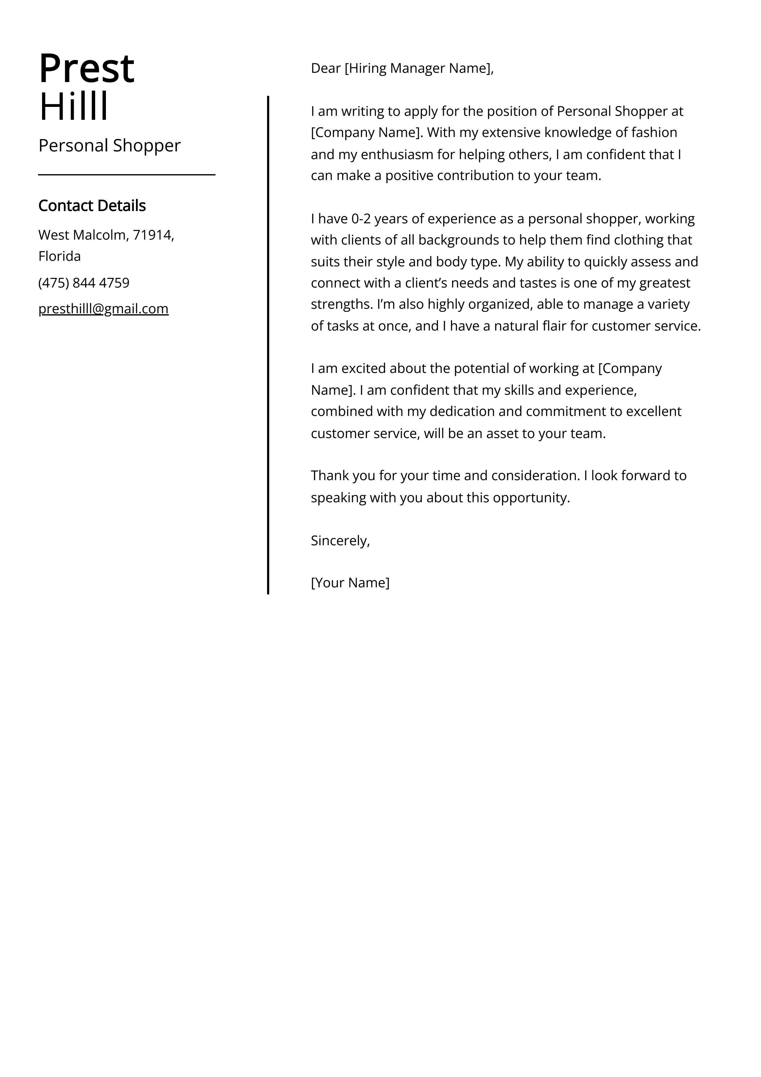 Personal Shopper Cover Letter Example