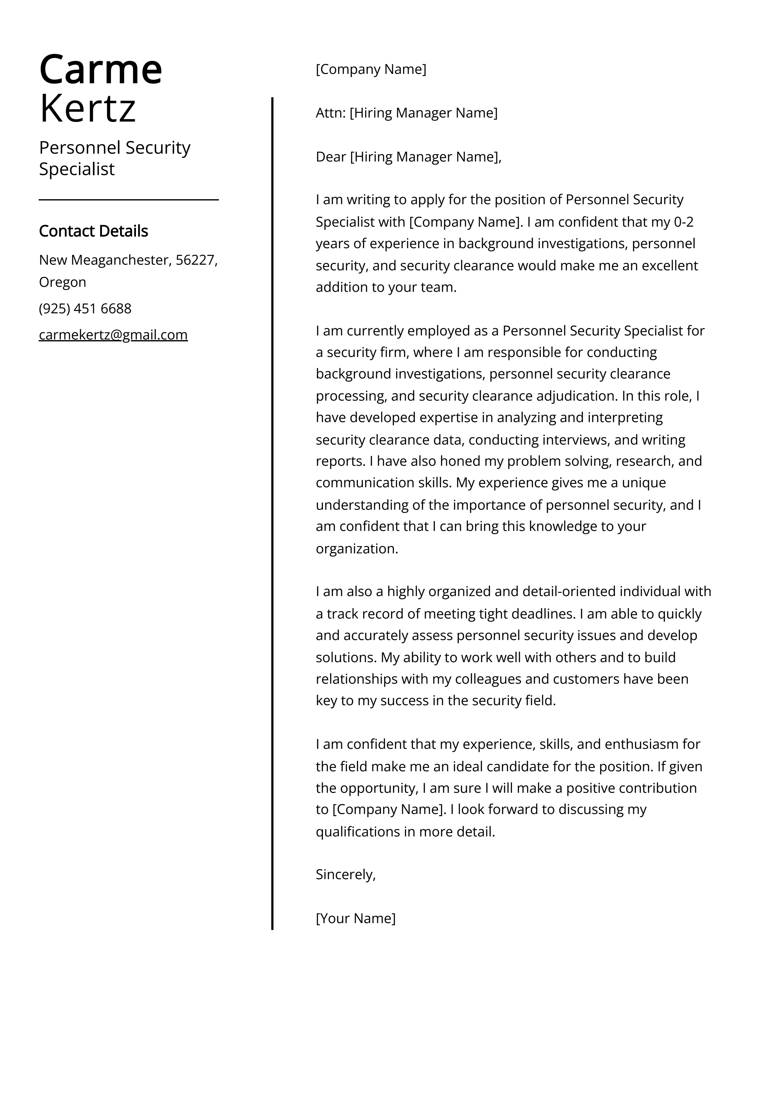 Personnel Security Specialist Cover Letter Example