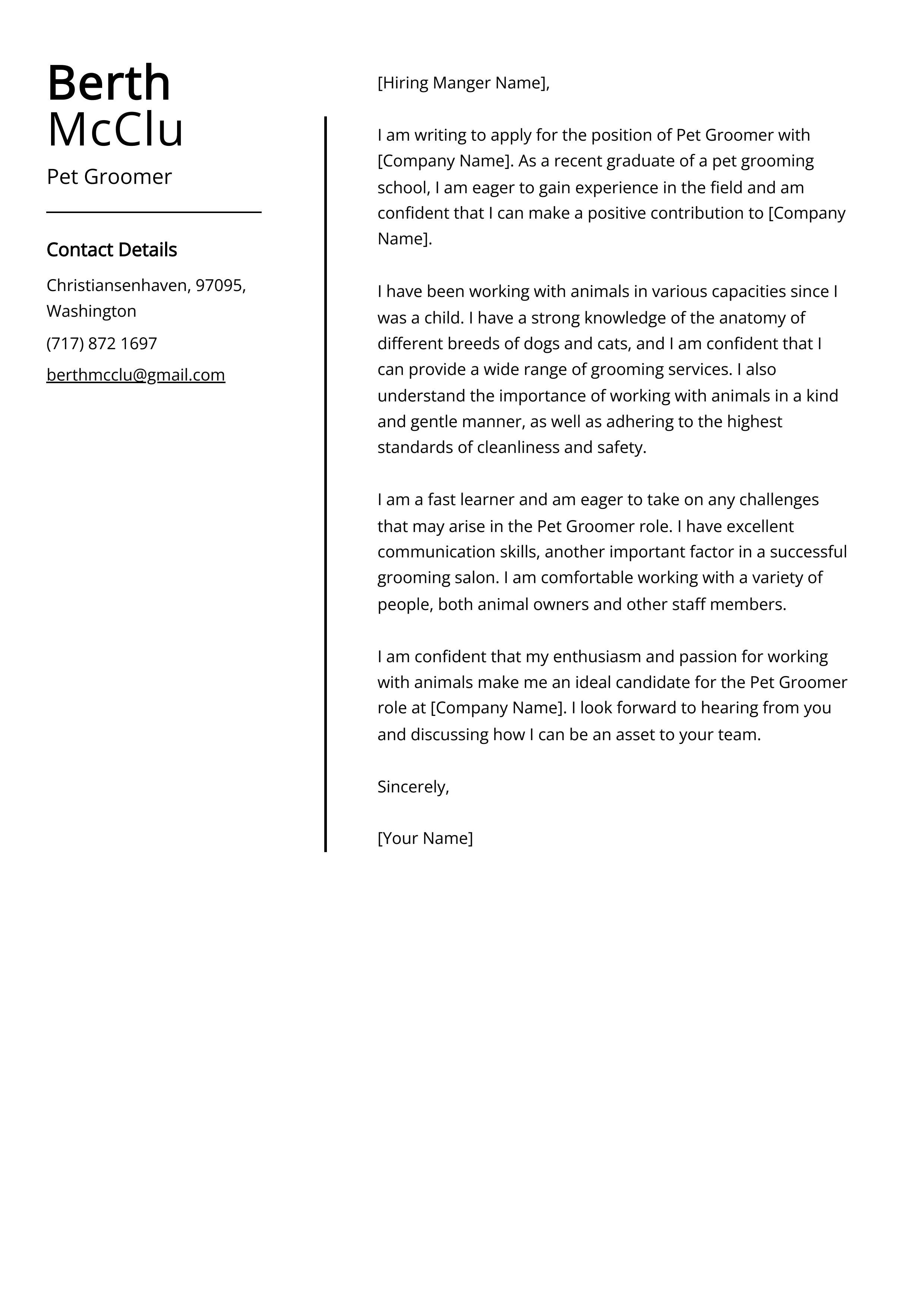 Pet Groomer Cover Letter Example