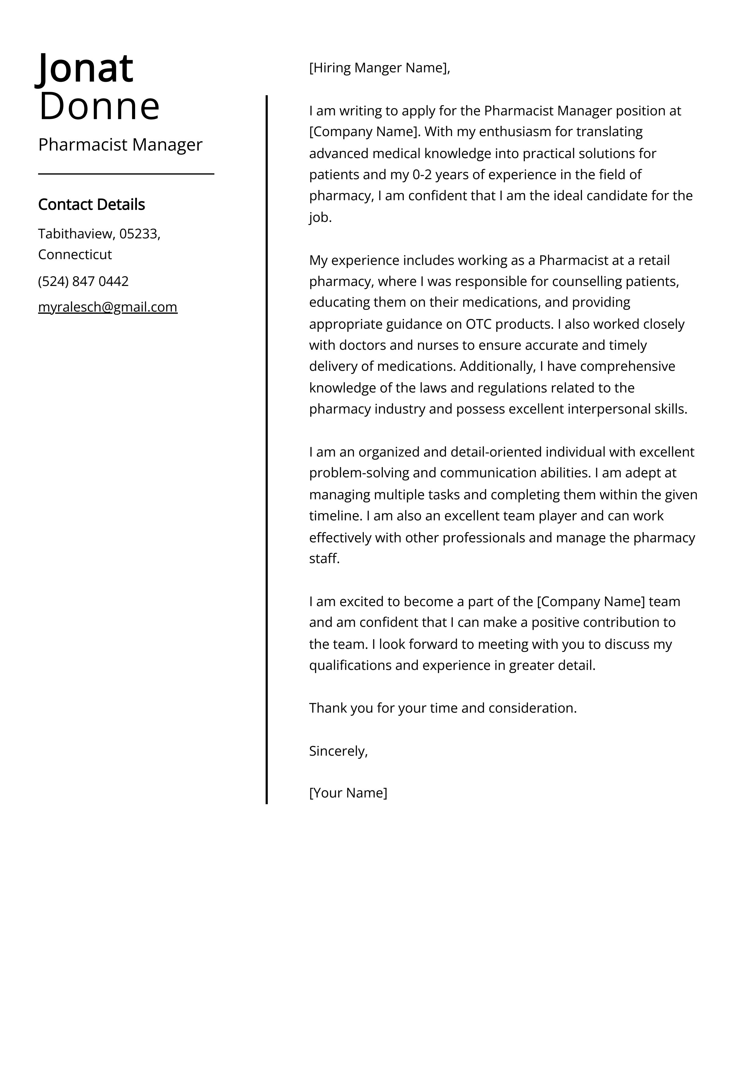 Pharmacist Manager Cover Letter Example