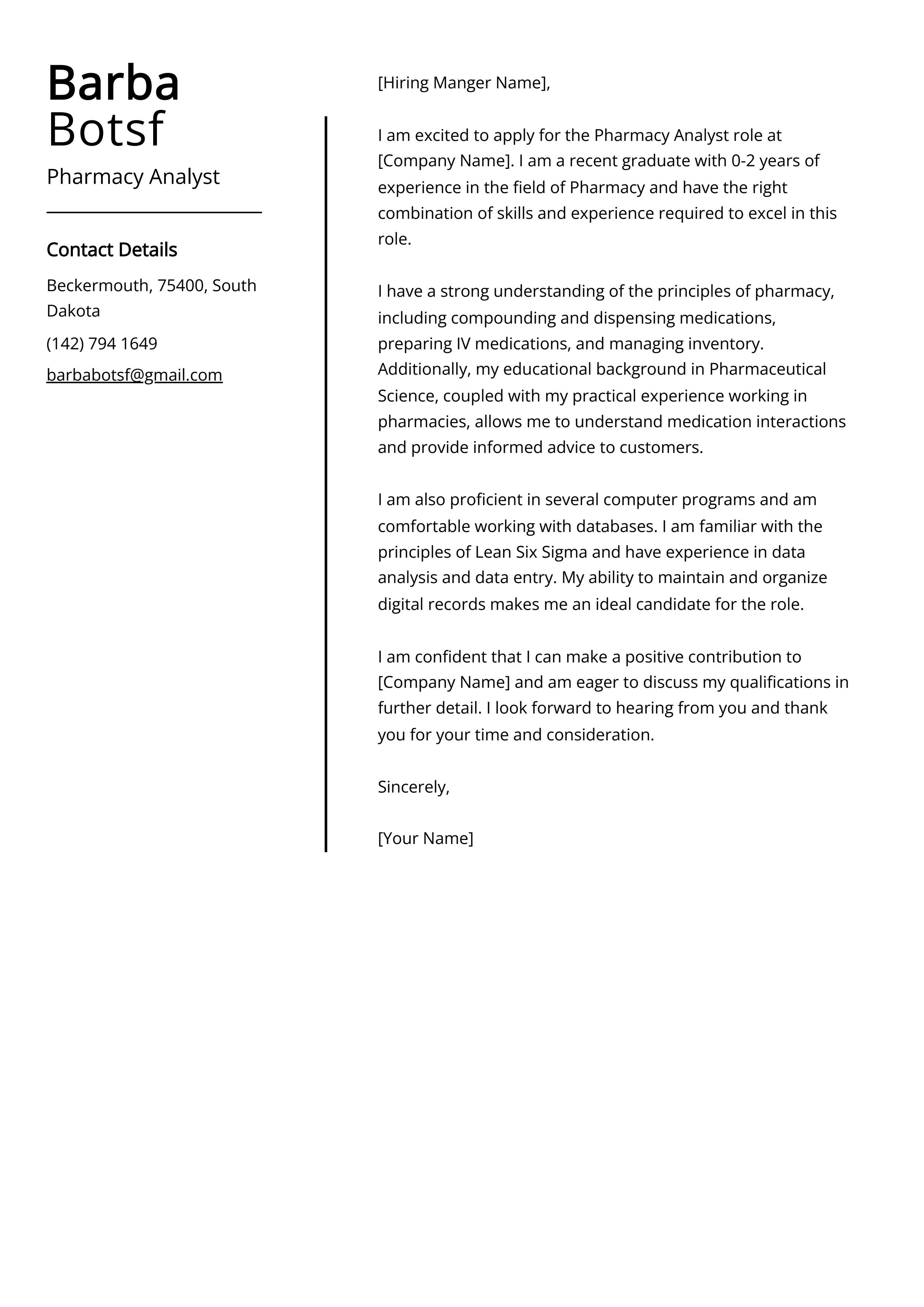 Pharmacy Analyst Cover Letter Example