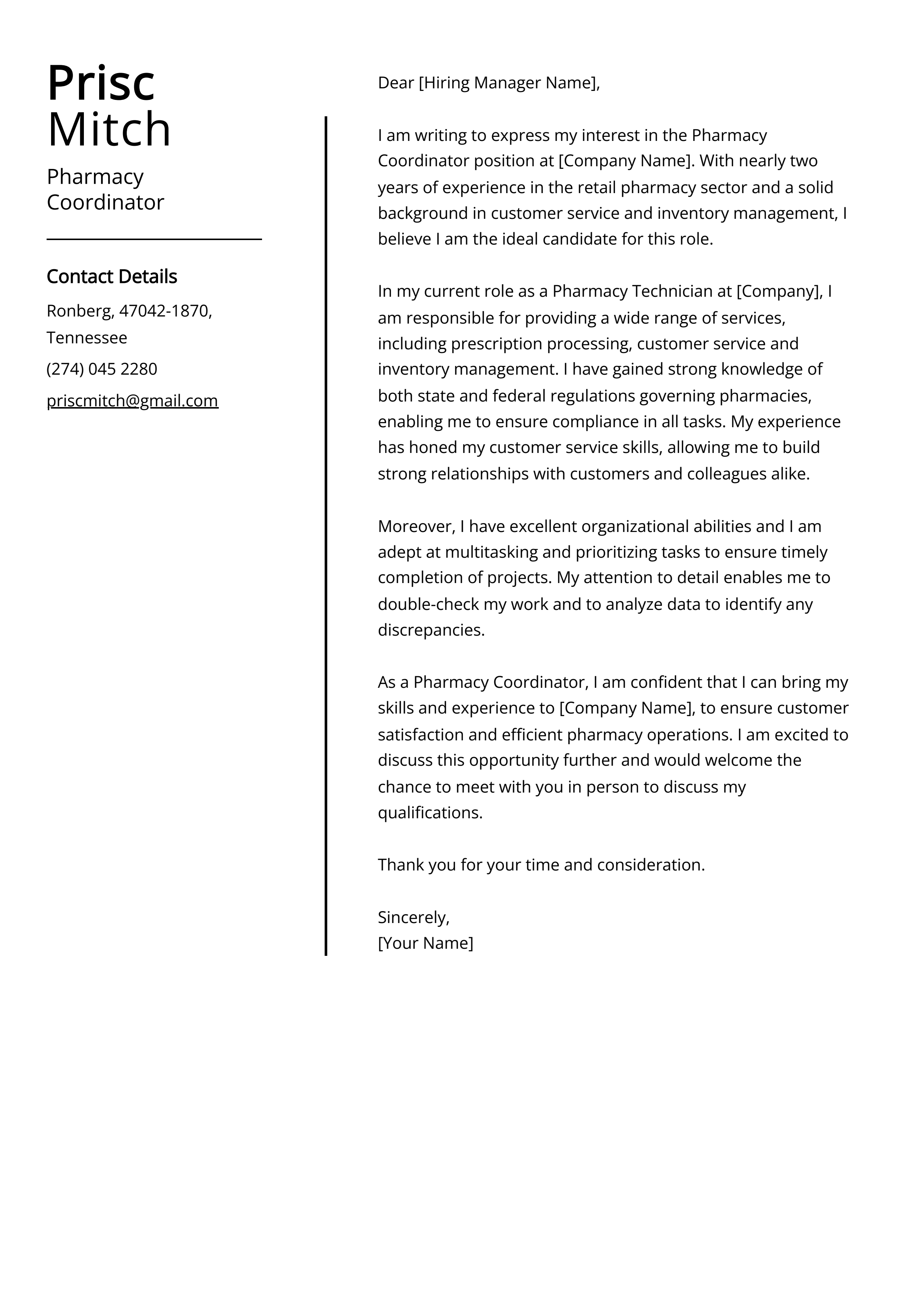 Pharmacy Coordinator Cover Letter Example