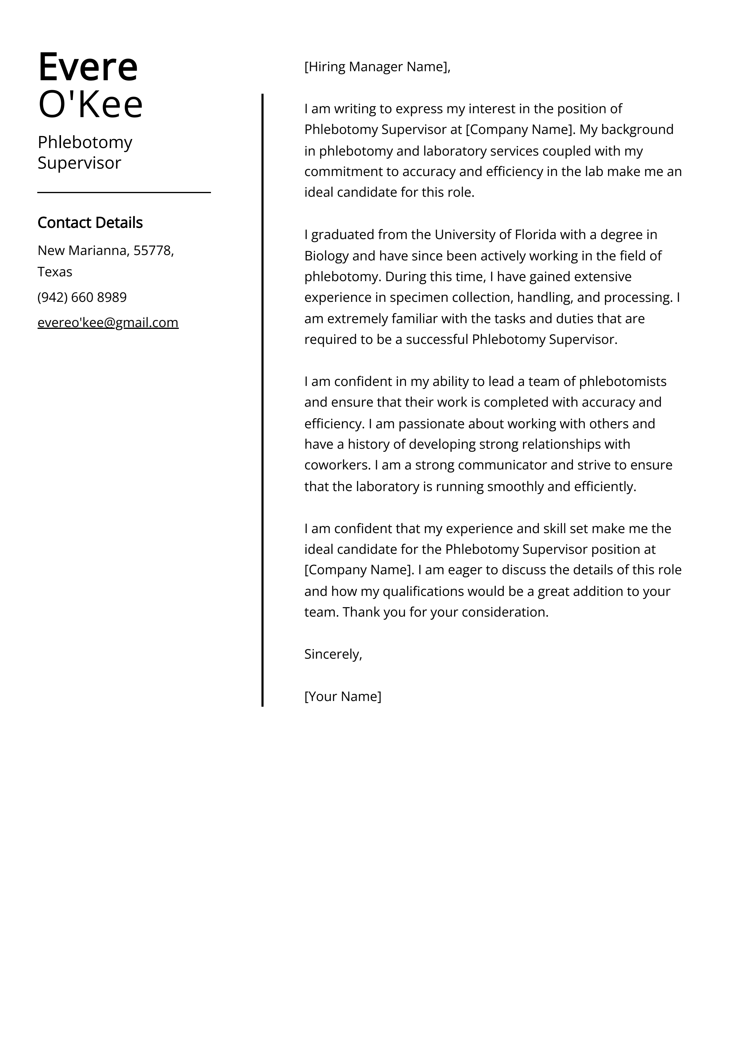 Phlebotomy Supervisor Cover Letter Example