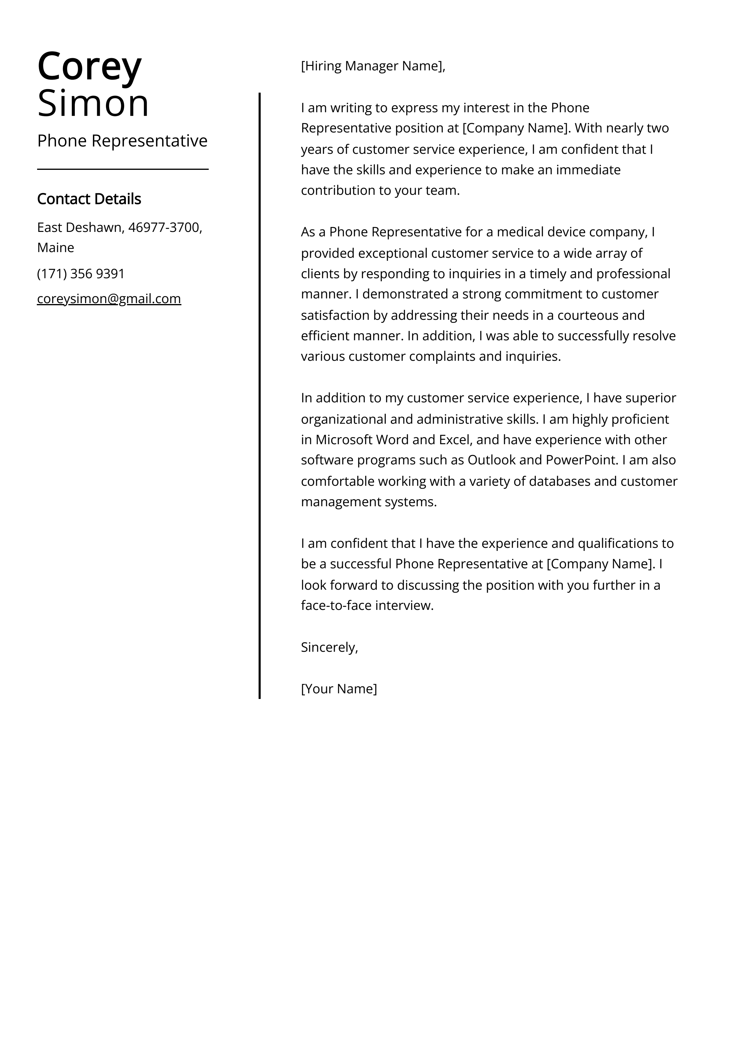 Phone Representative Cover Letter Example