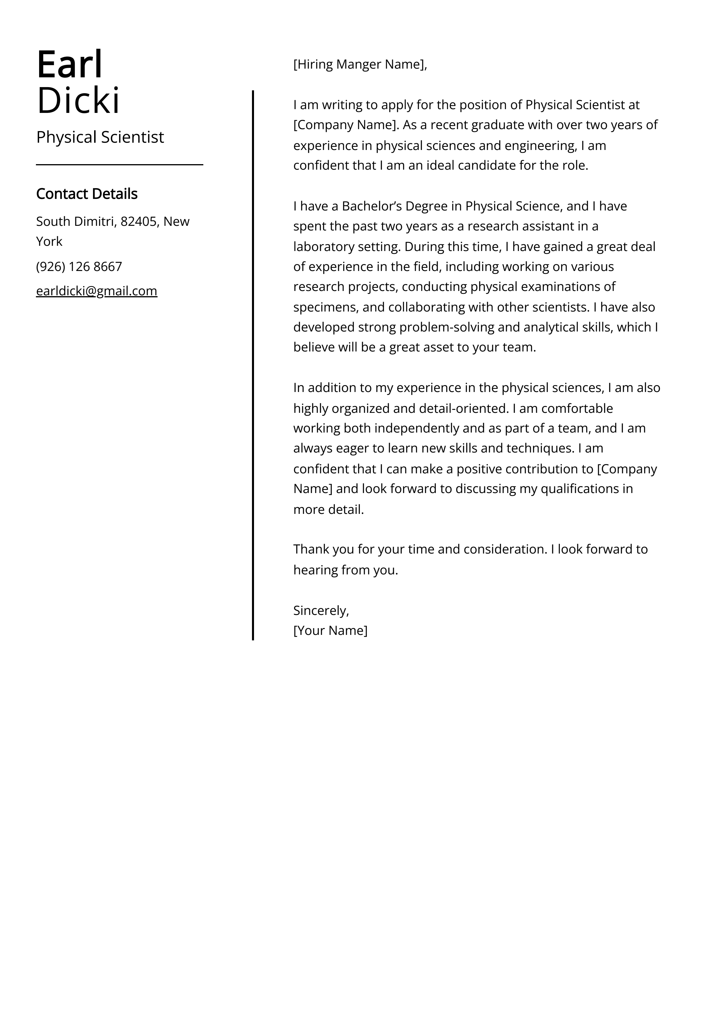 Physical Scientist Cover Letter Example