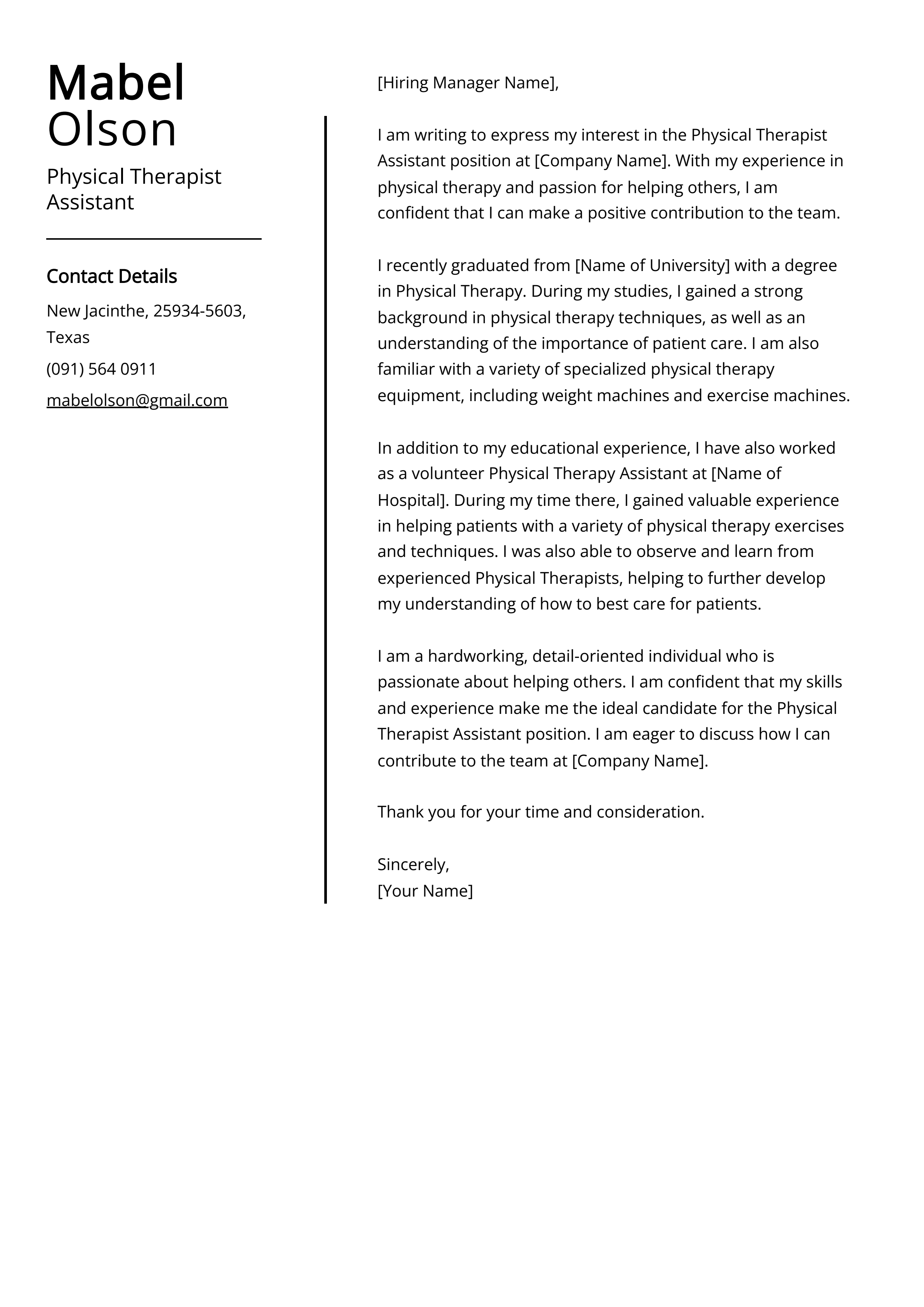 Physical Therapist Assistant Cover Letter Example