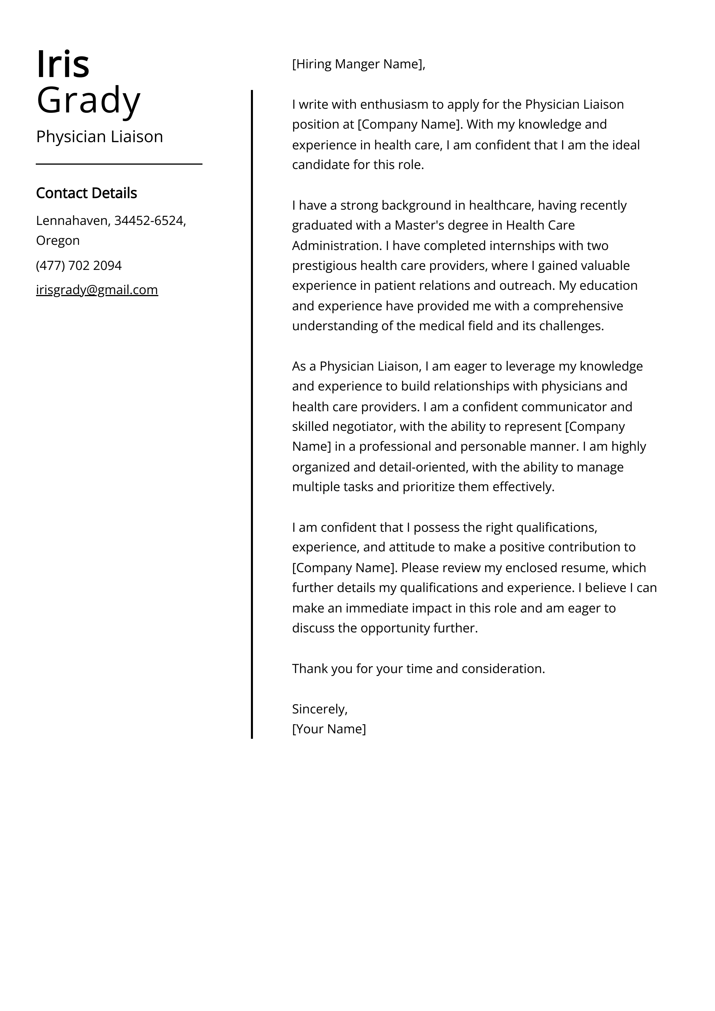 Physician Liaison Cover Letter Example