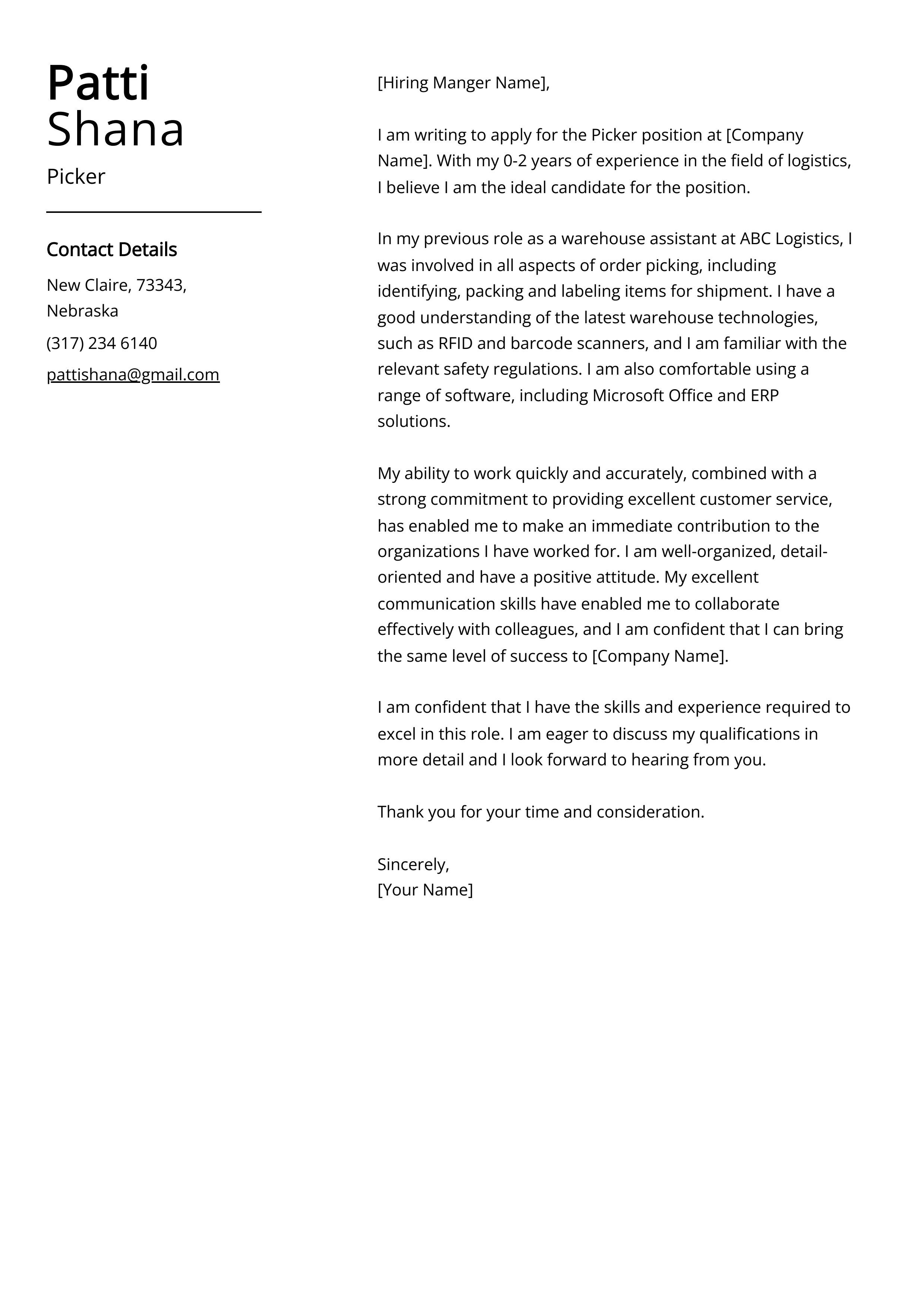 Picker Cover Letter Example