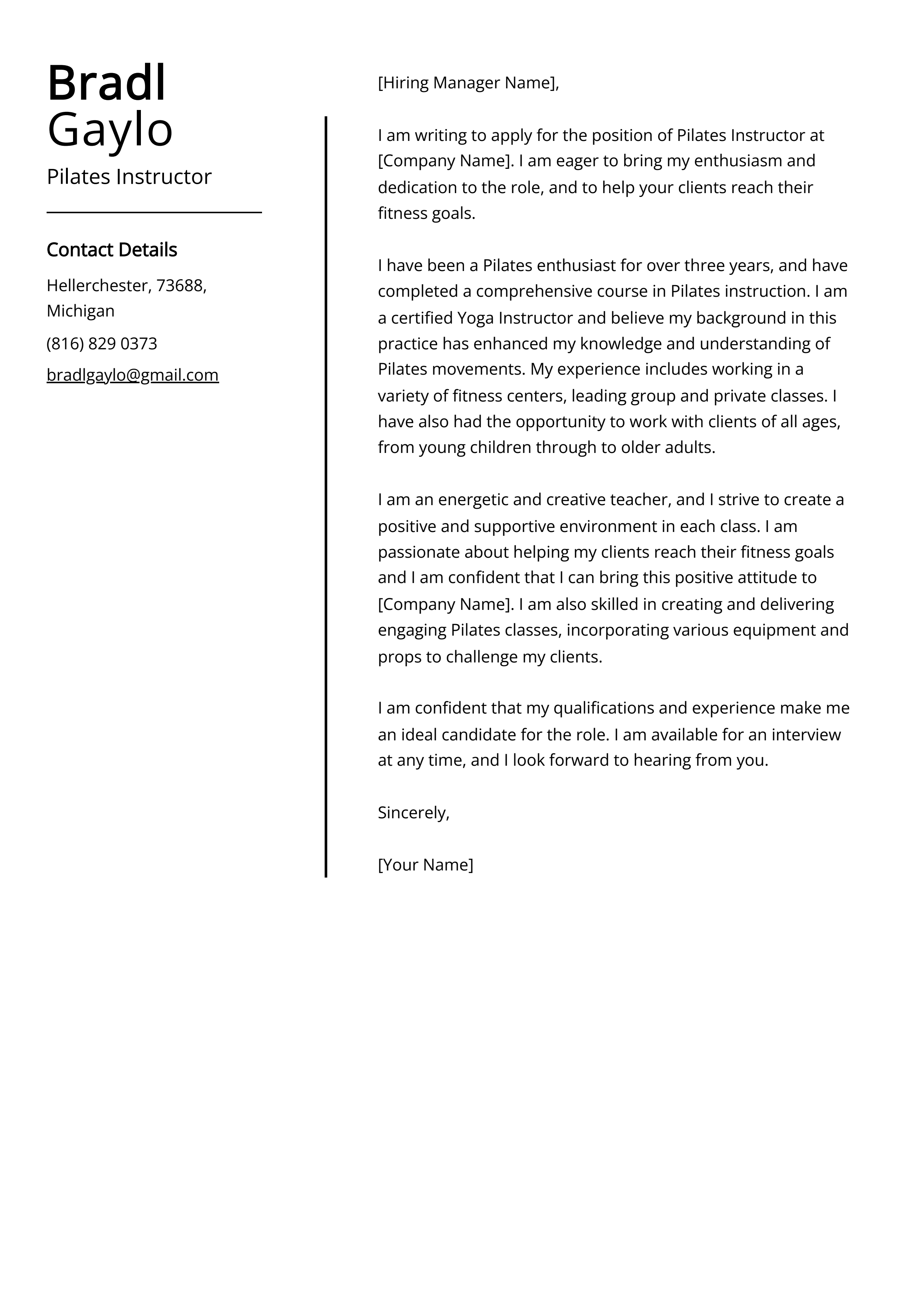 Pilates Instructor Cover Letter Example