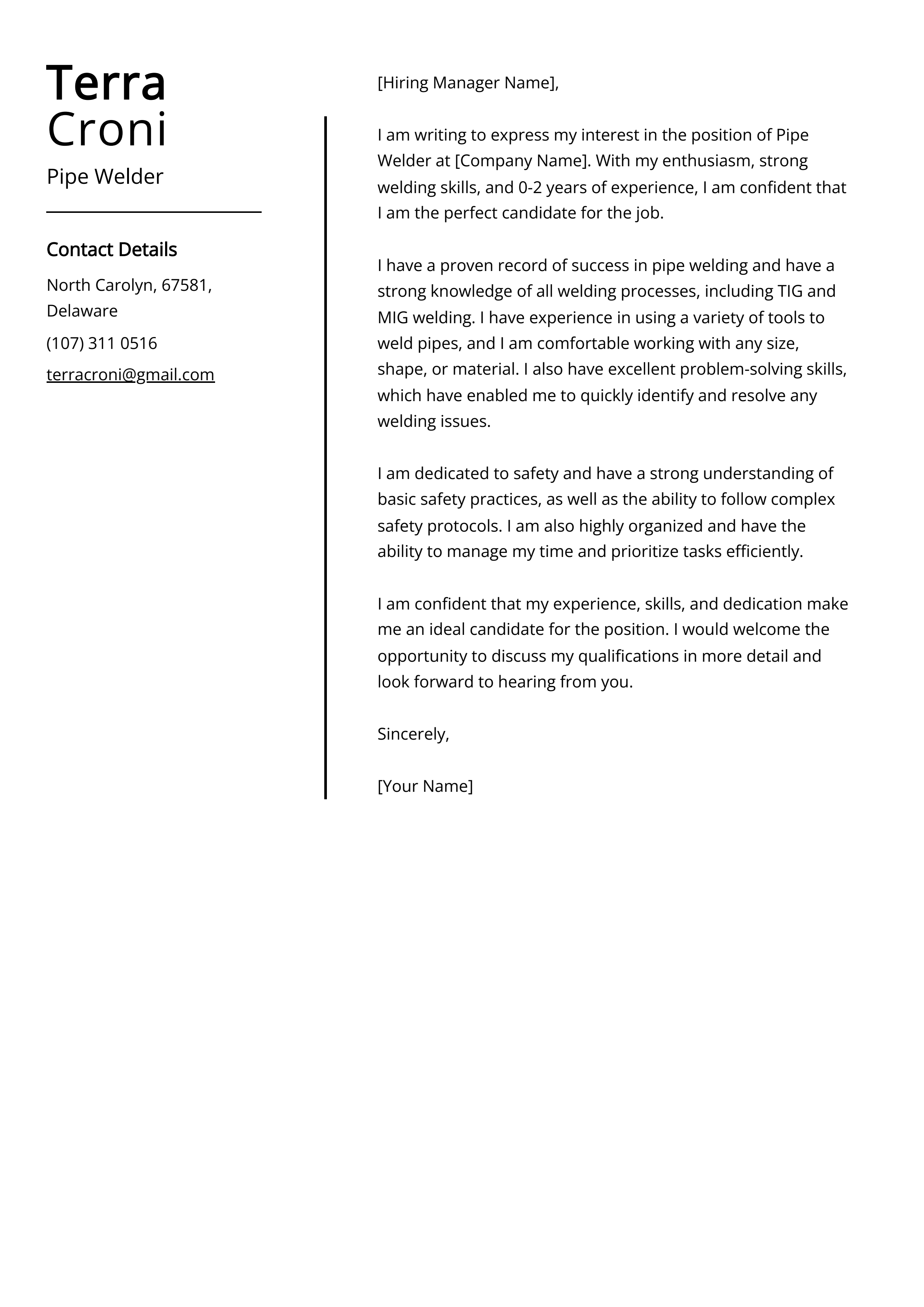 Pipe Welder Cover Letter Example