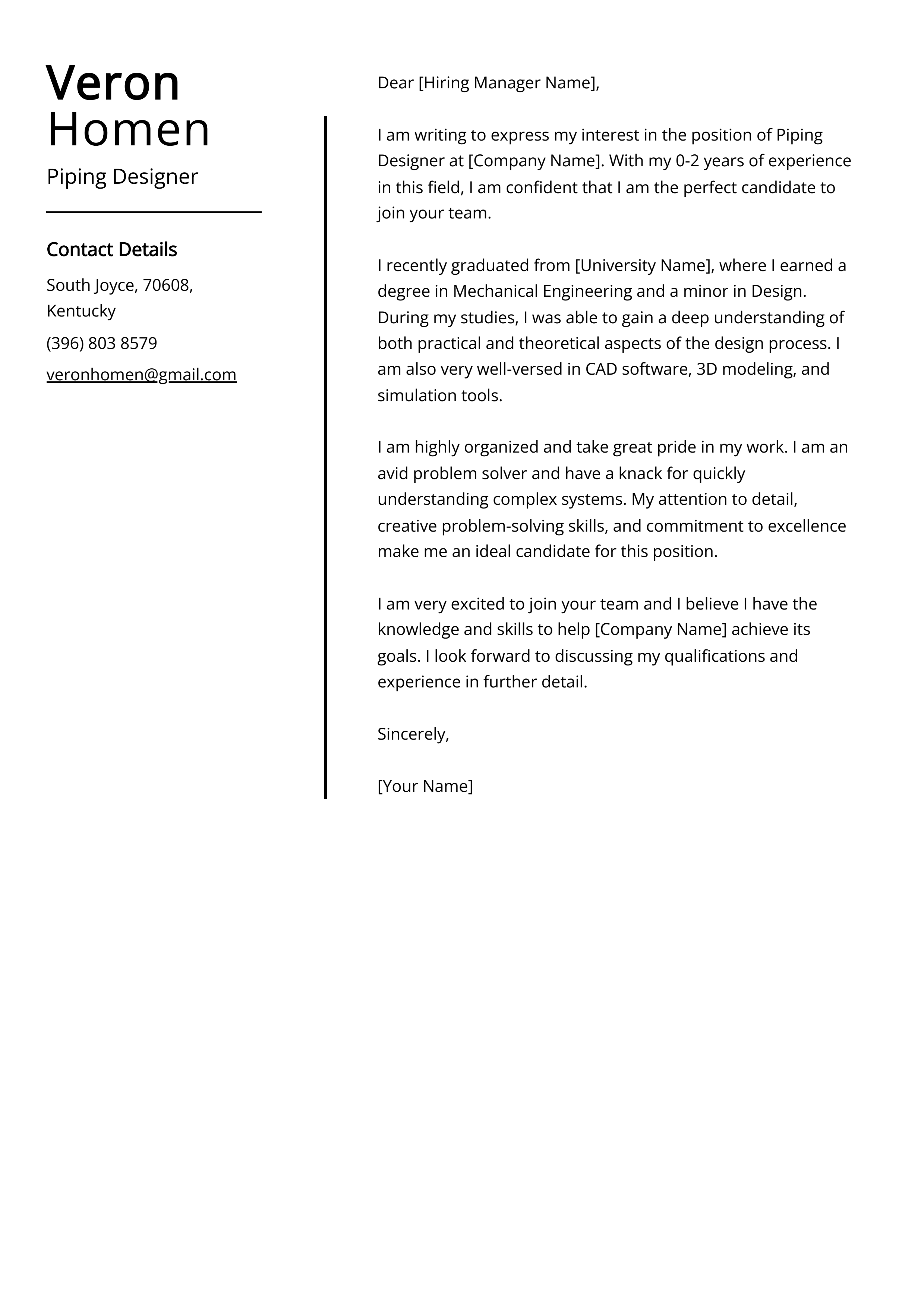 Piping Designer Cover Letter Example