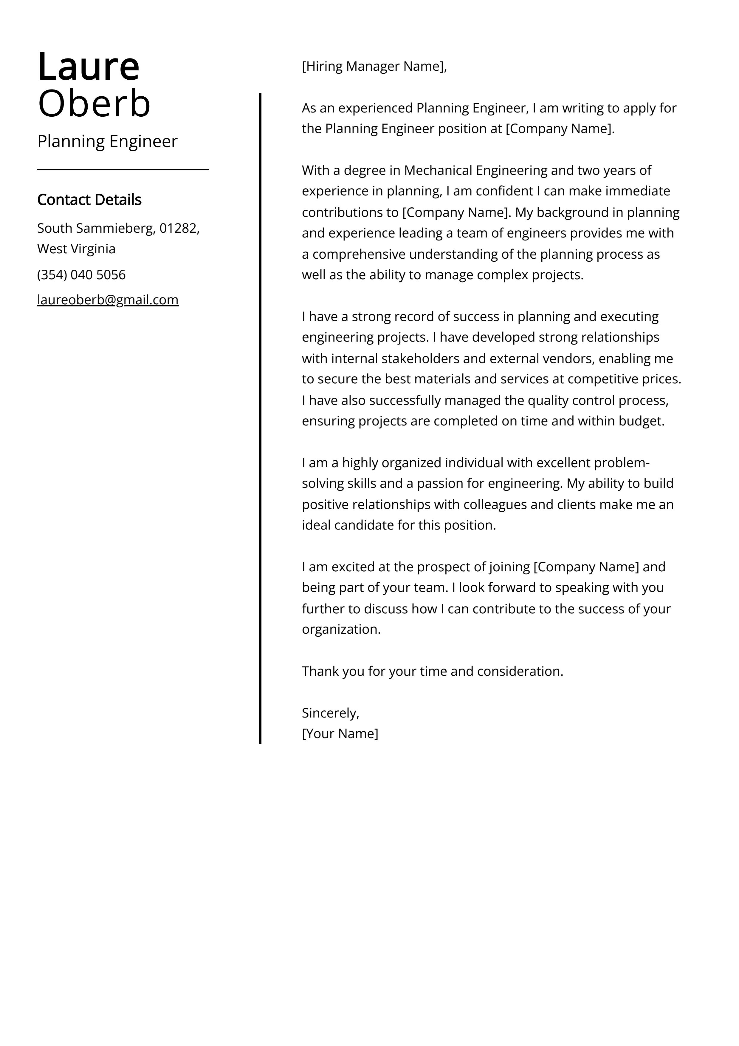 Planning Engineer Cover Letter Example