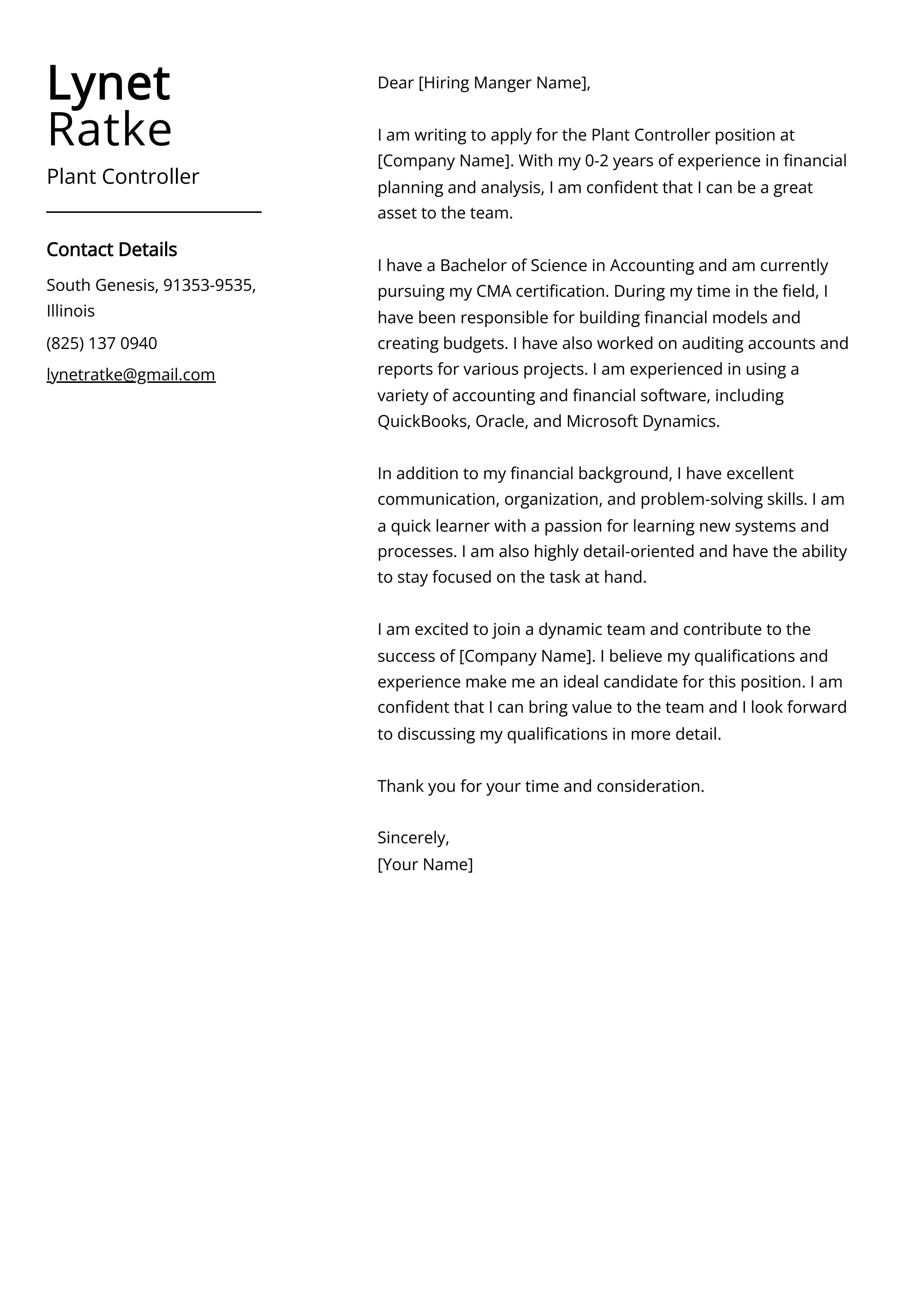 Plant Controller Cover Letter Example