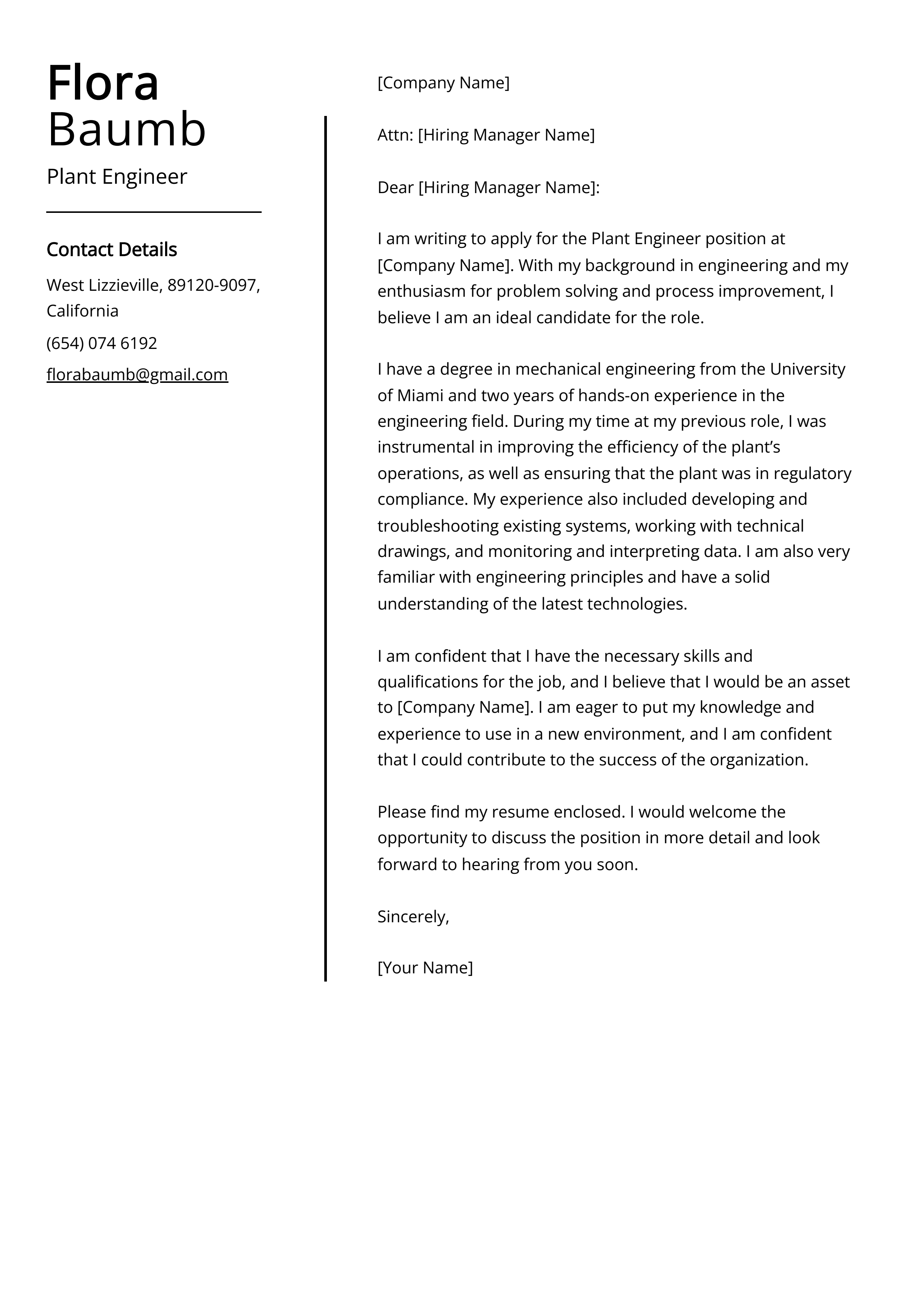 Plant Engineer Cover Letter Example