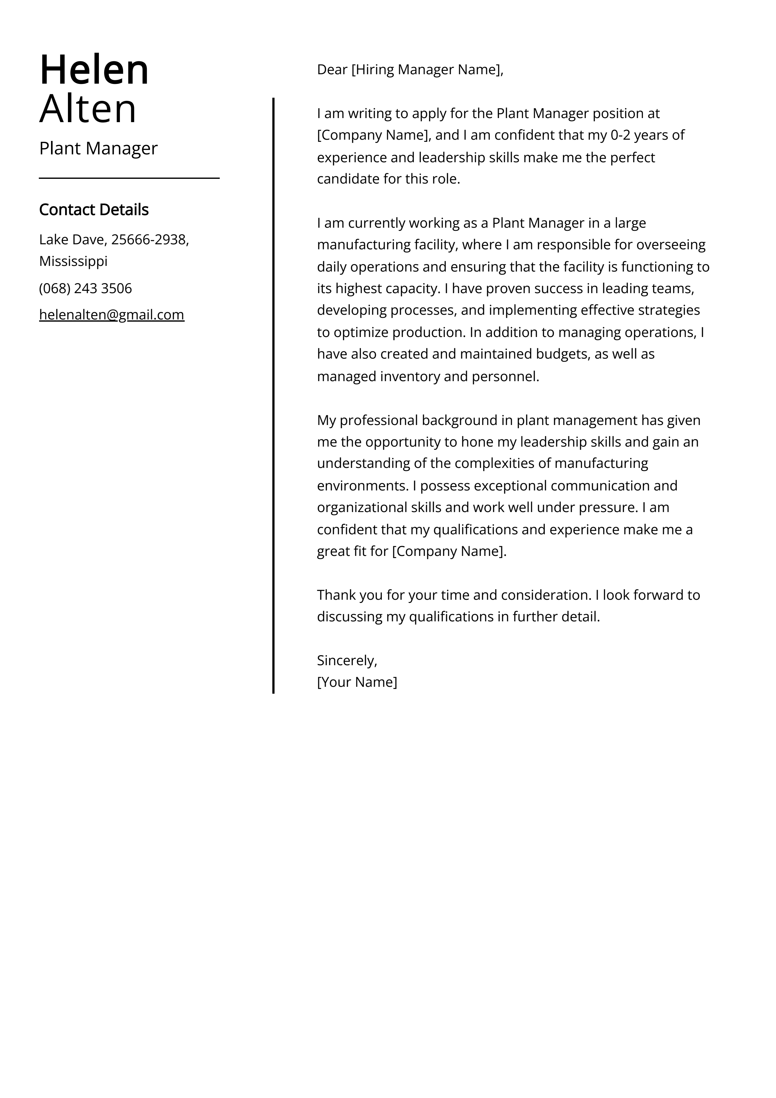 Plant Manager Cover Letter Example