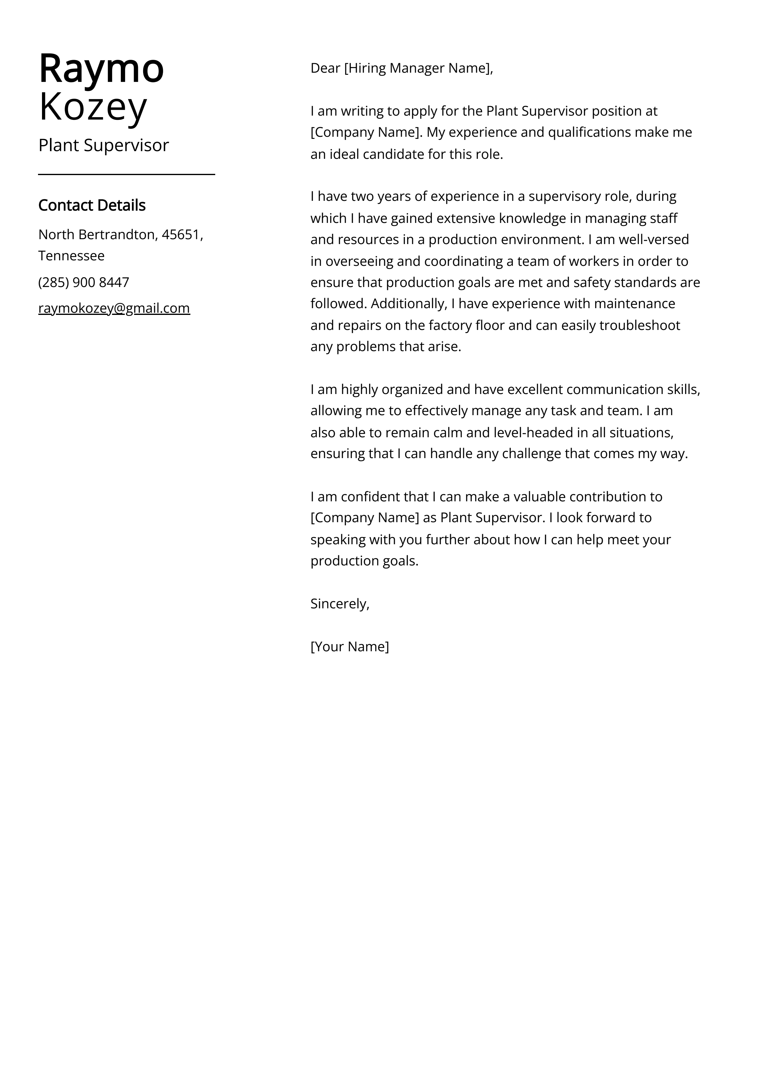 Plant Supervisor Cover Letter Example