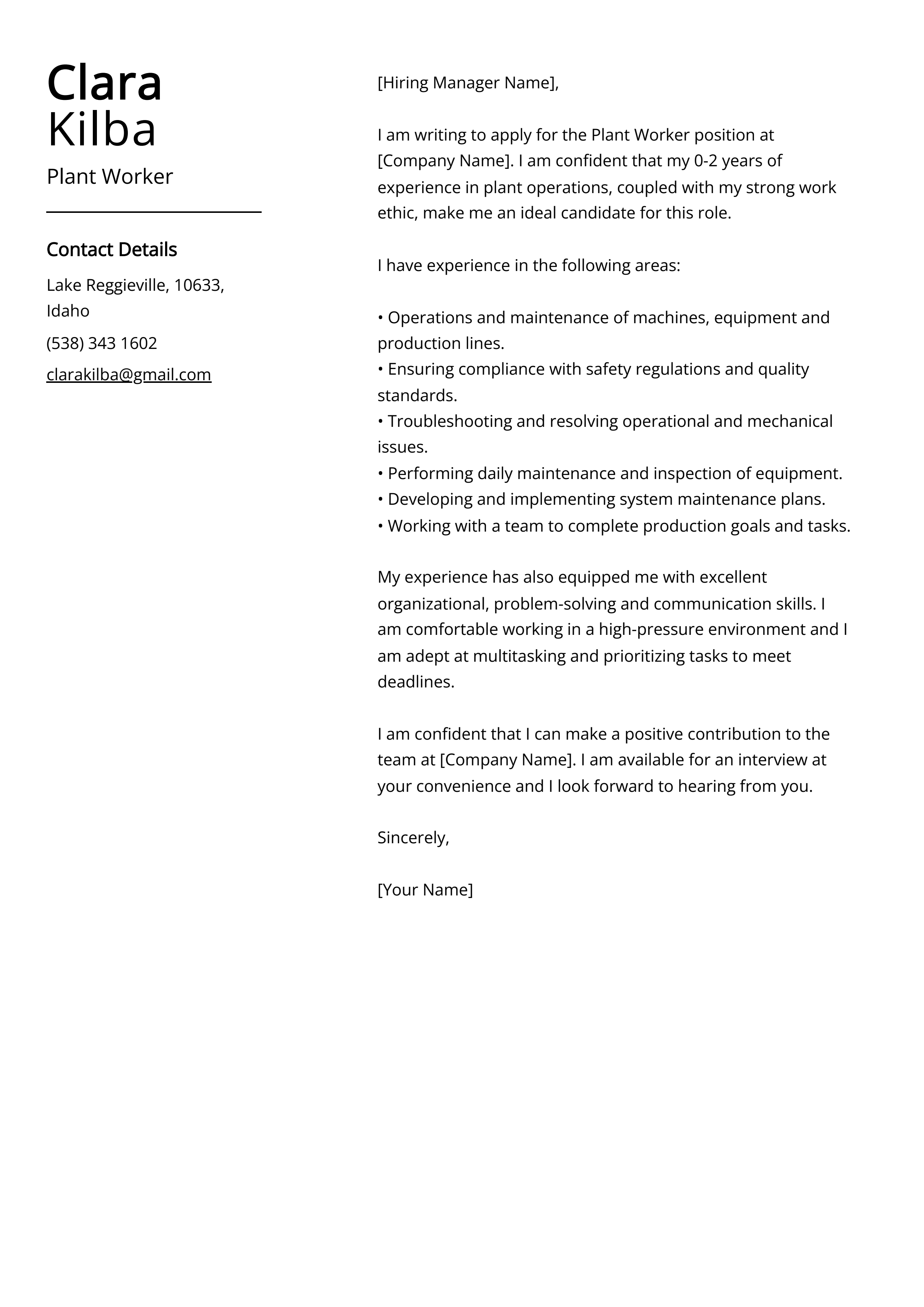 Plant Worker Cover Letter Example