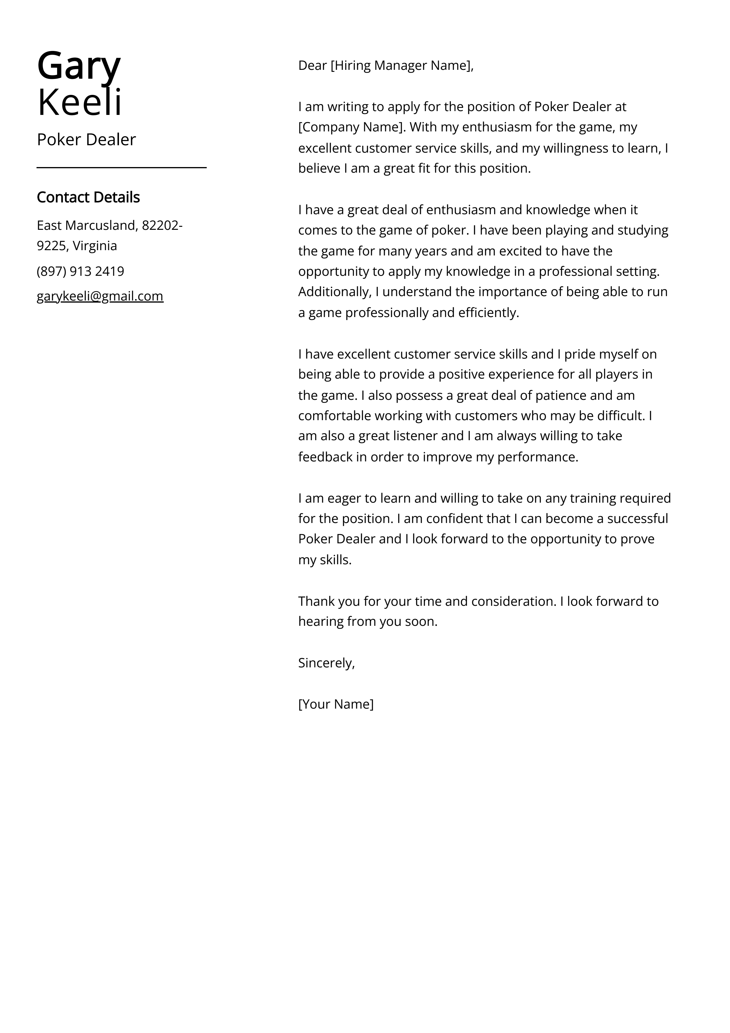 Poker Dealer Cover Letter Example