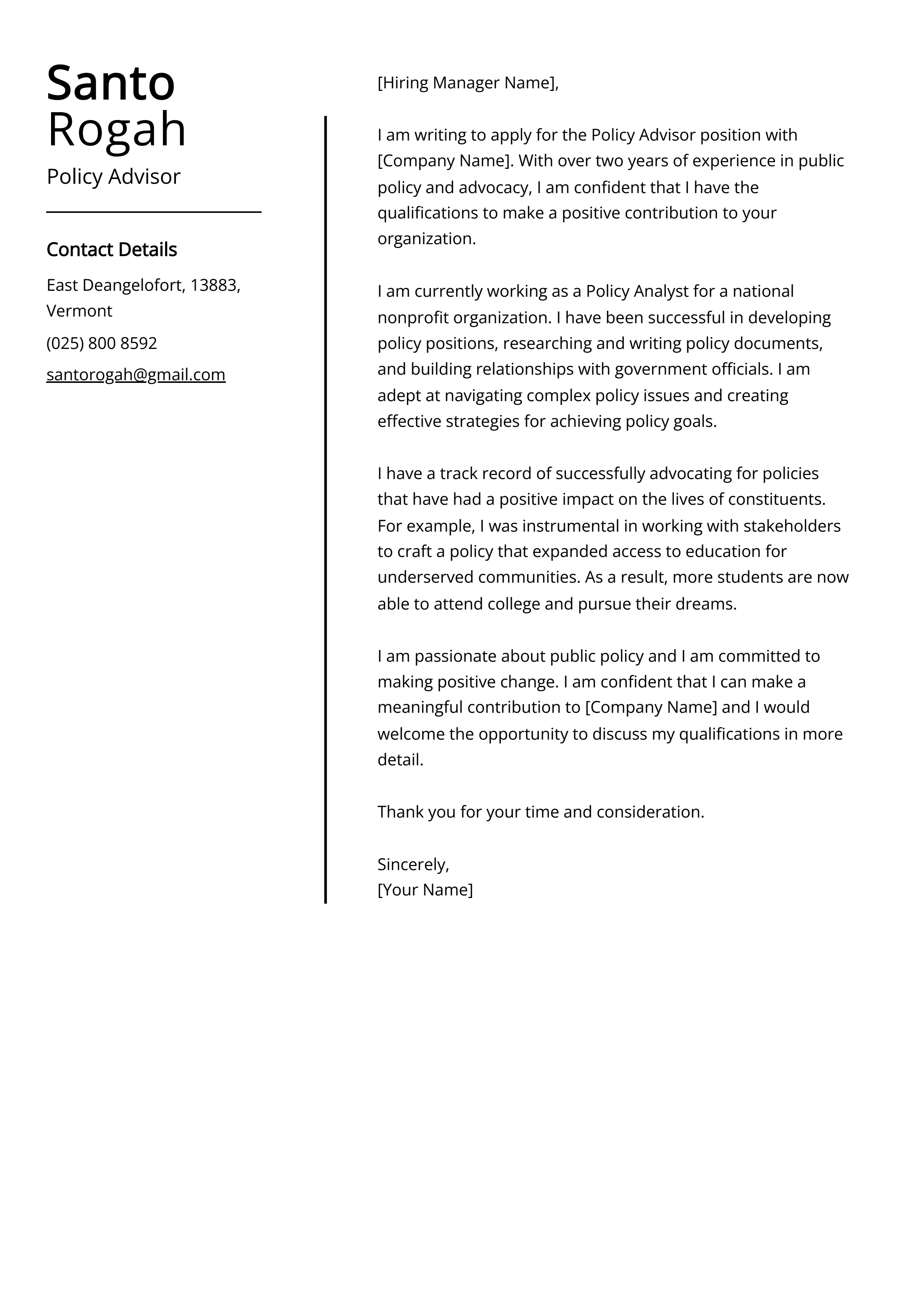 Policy Advisor Cover Letter Example