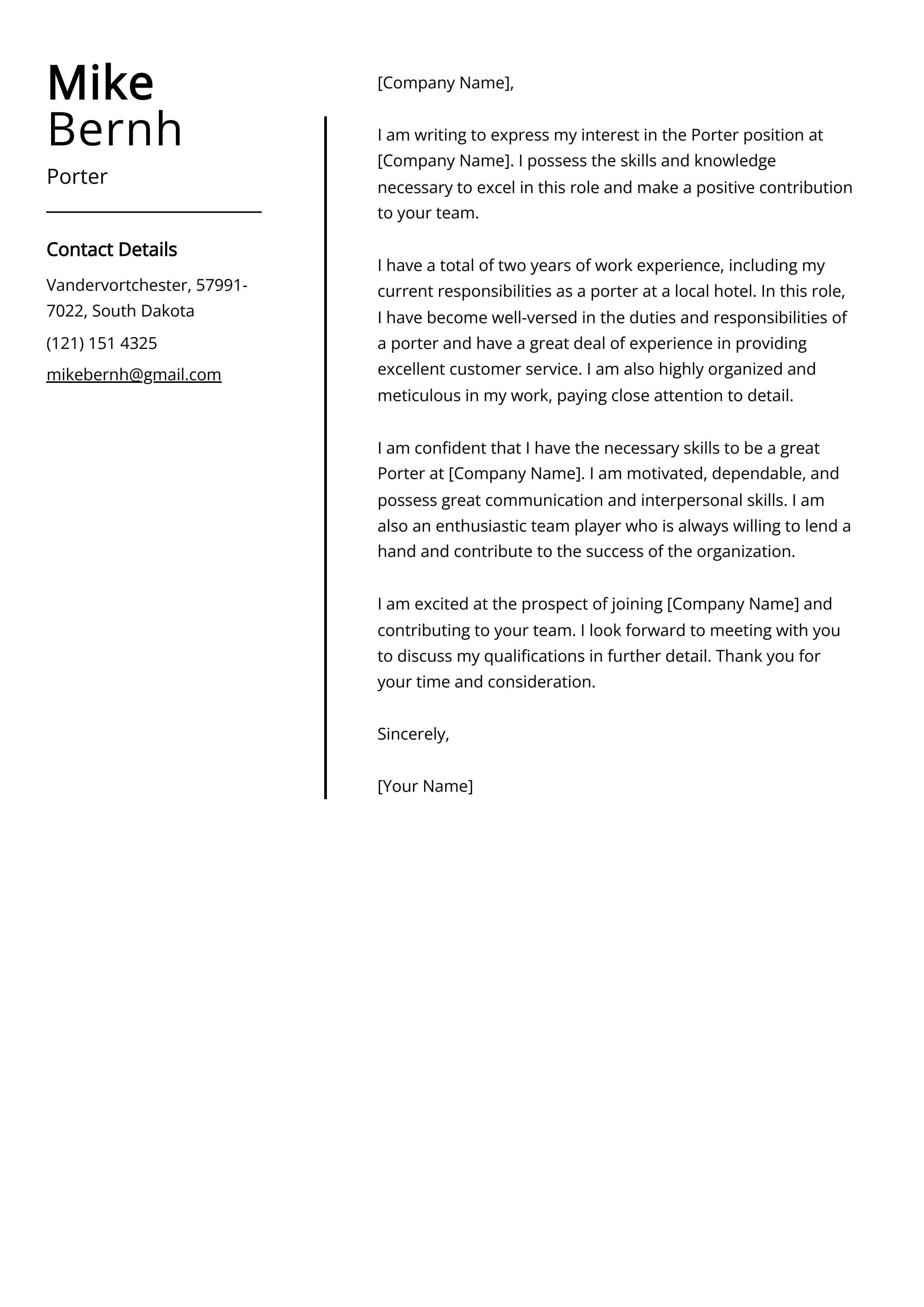 Porter Cover Letter Example