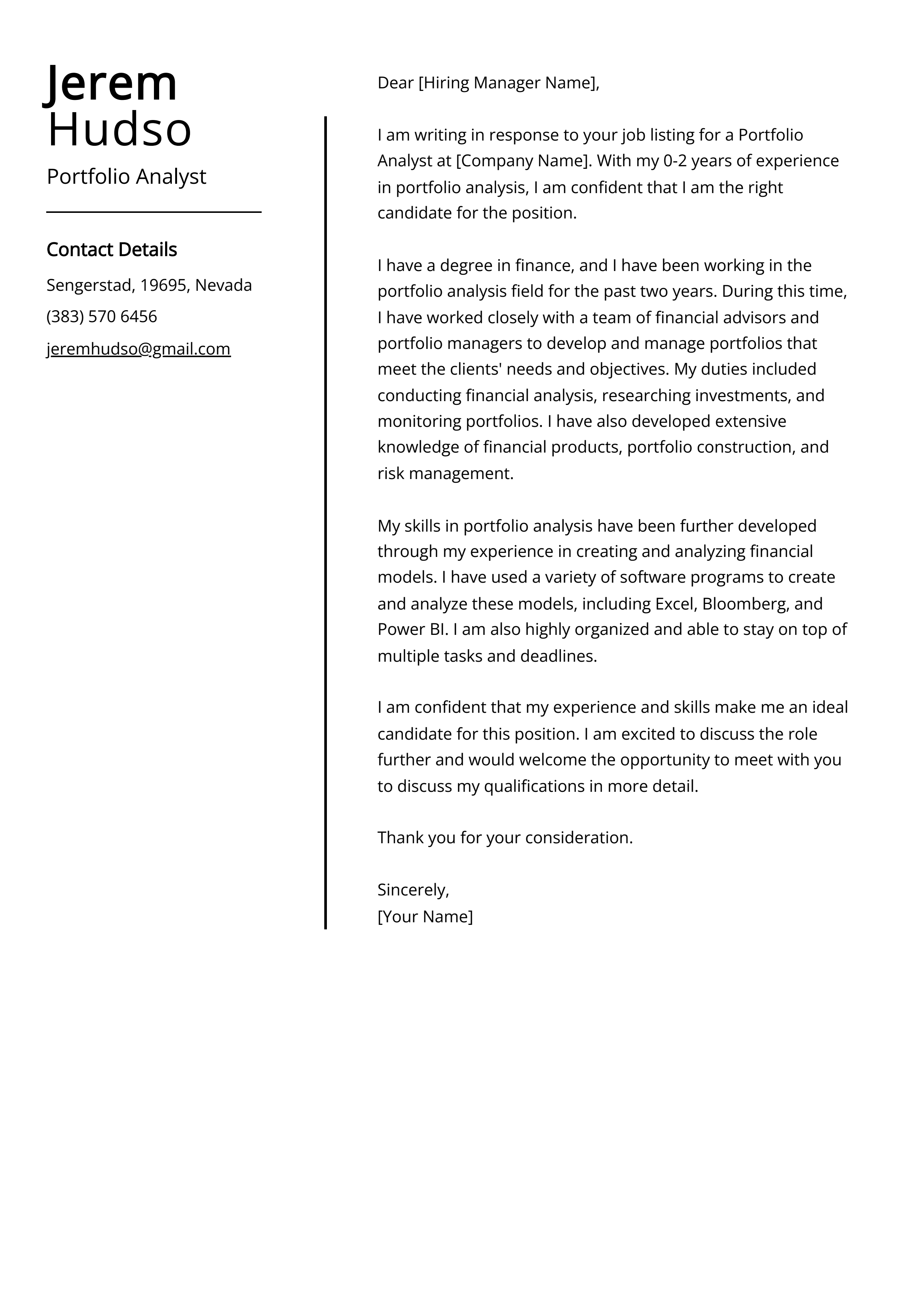 Portfolio Analyst Cover Letter Example