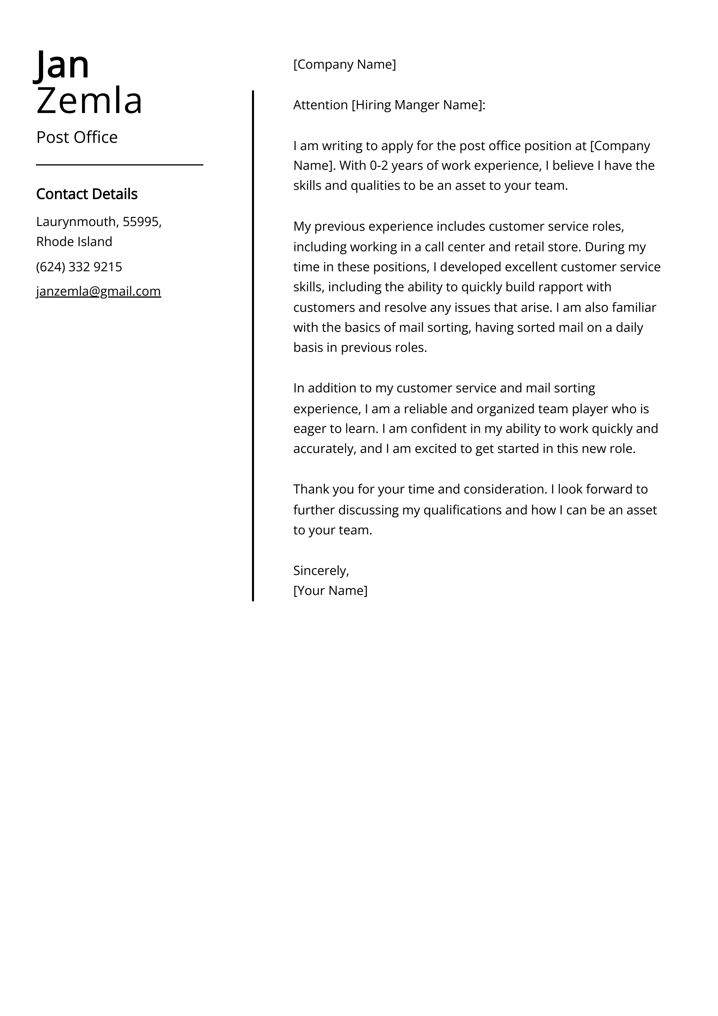 Post Office Cover Letter Example