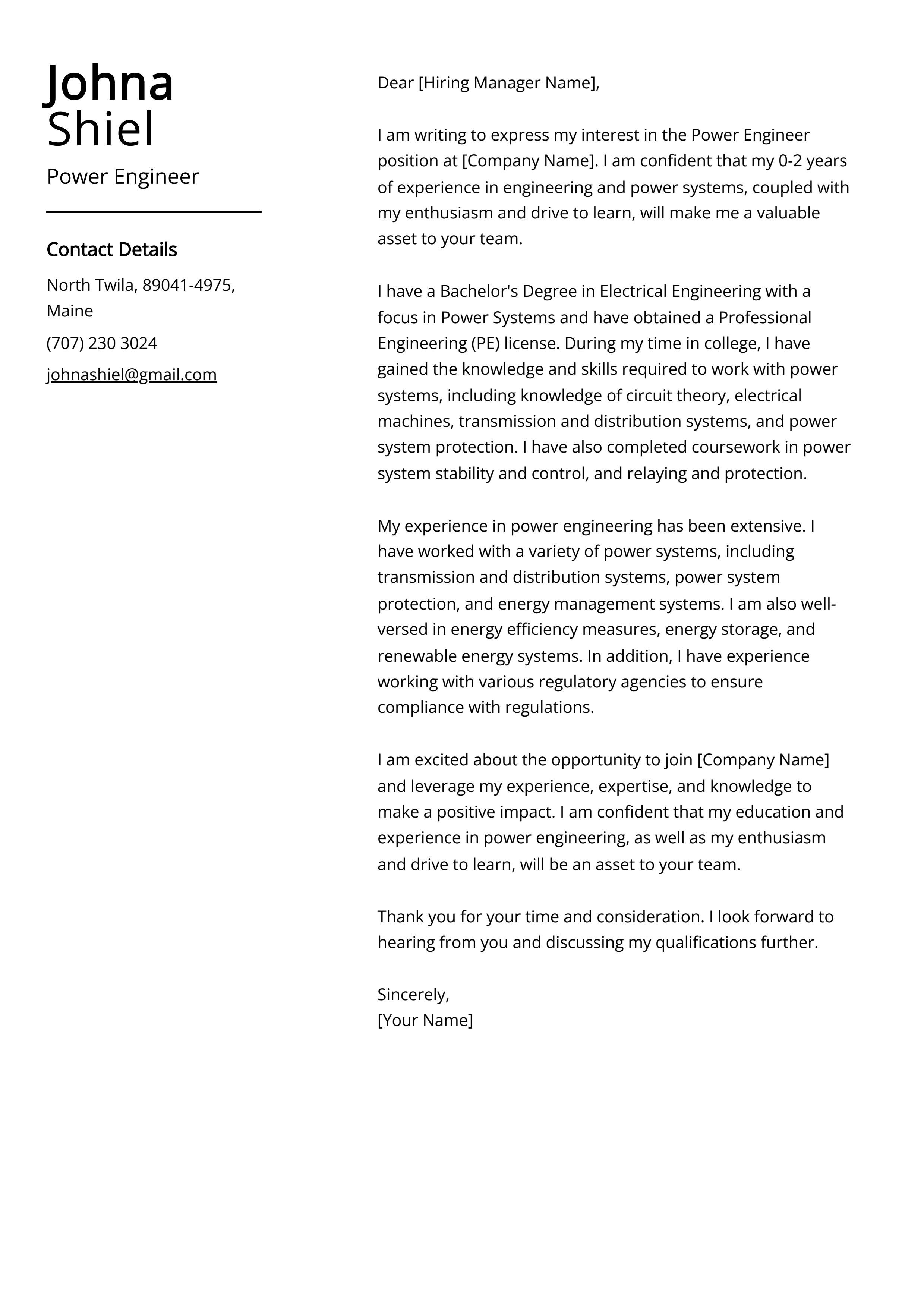 Power Engineer Cover Letter Example