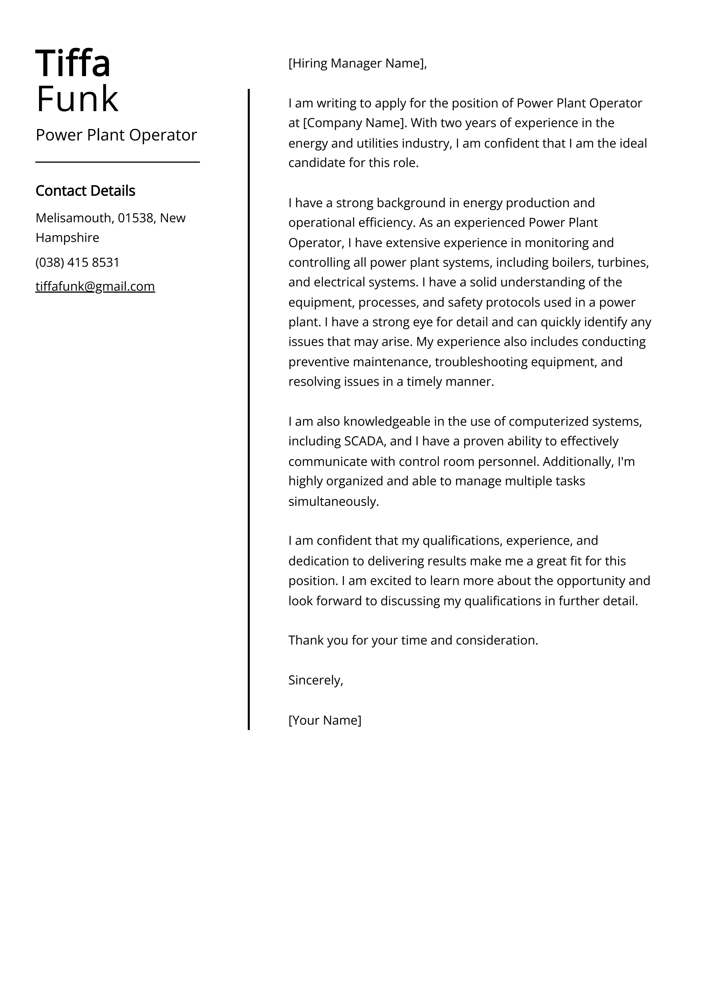 Power Plant Operator Cover Letter Example