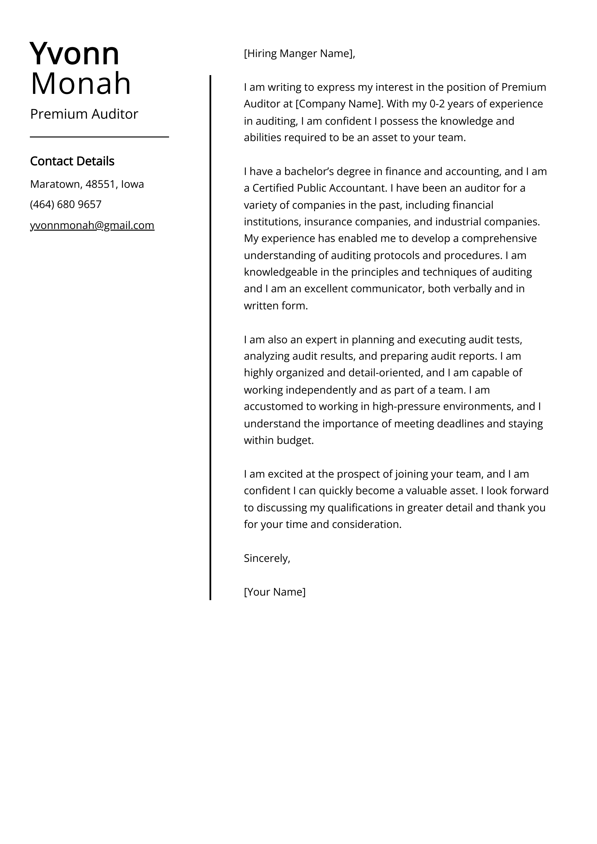 Premium Auditor Cover Letter Example