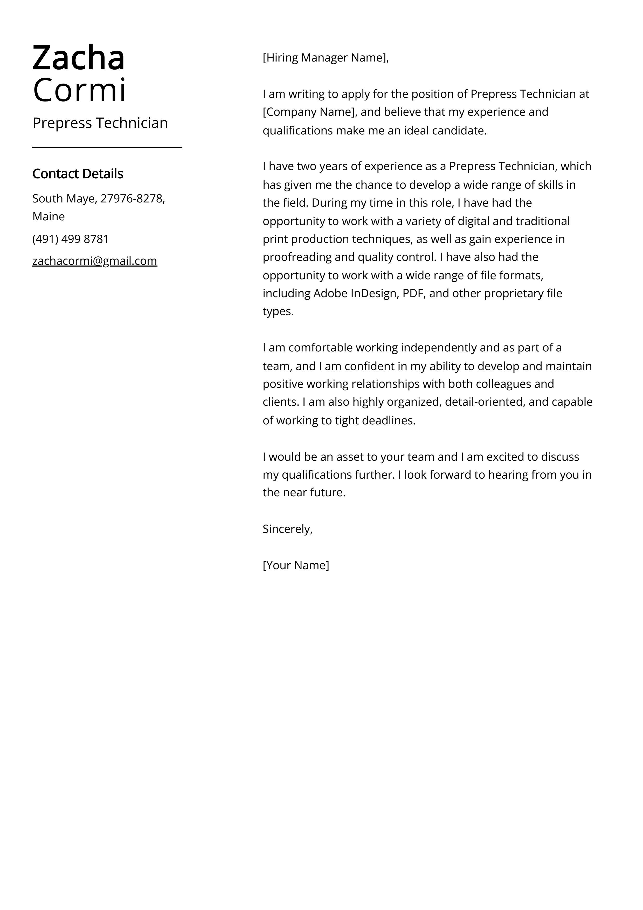 Prepress Technician Cover Letter Example