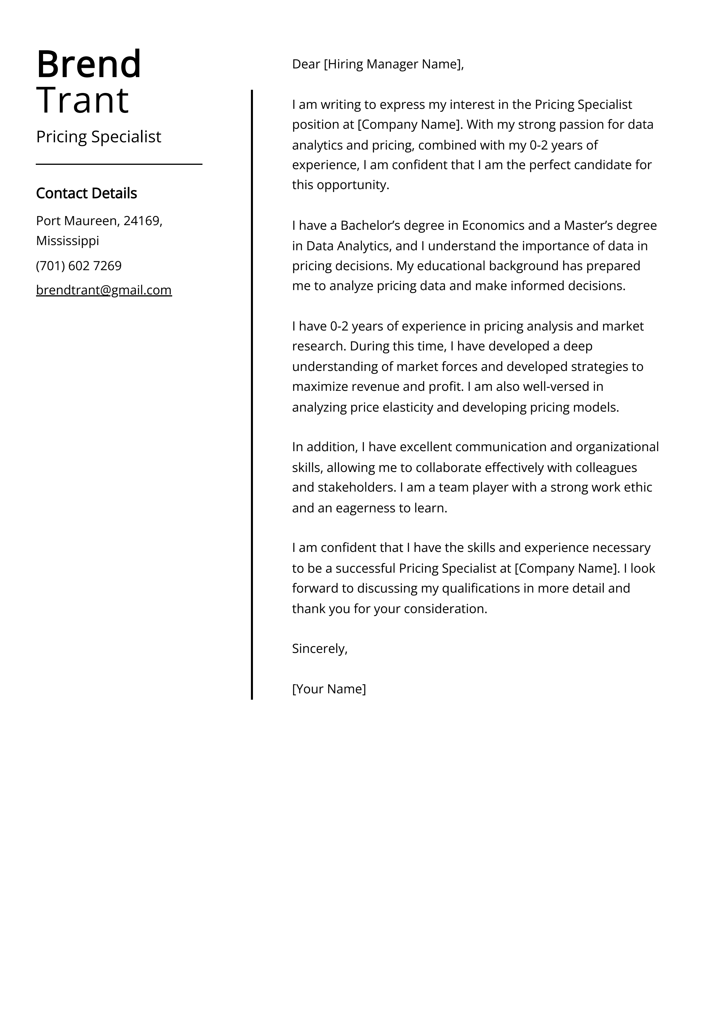 Pricing Specialist Cover Letter Example