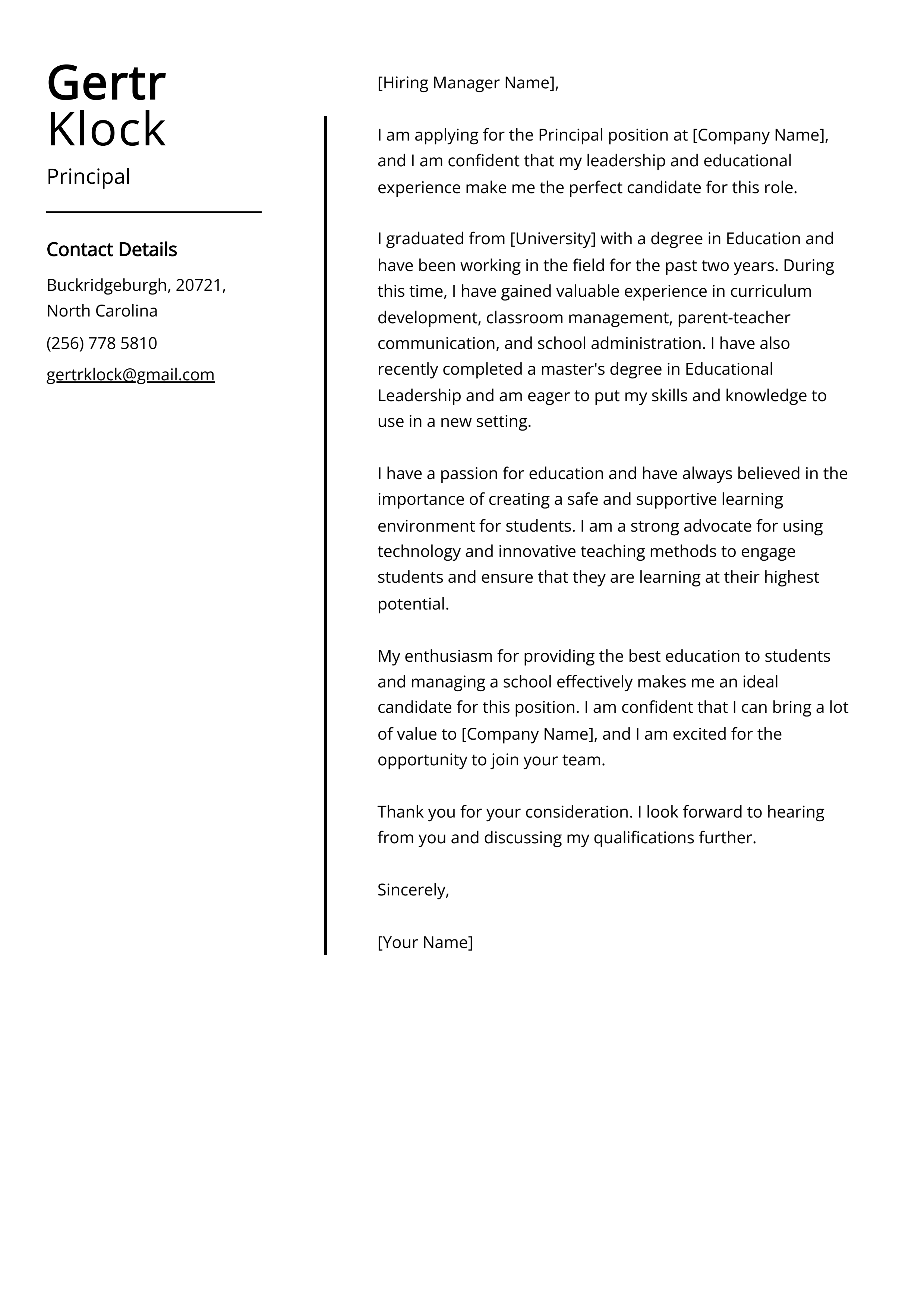 Principal Cover Letter Example