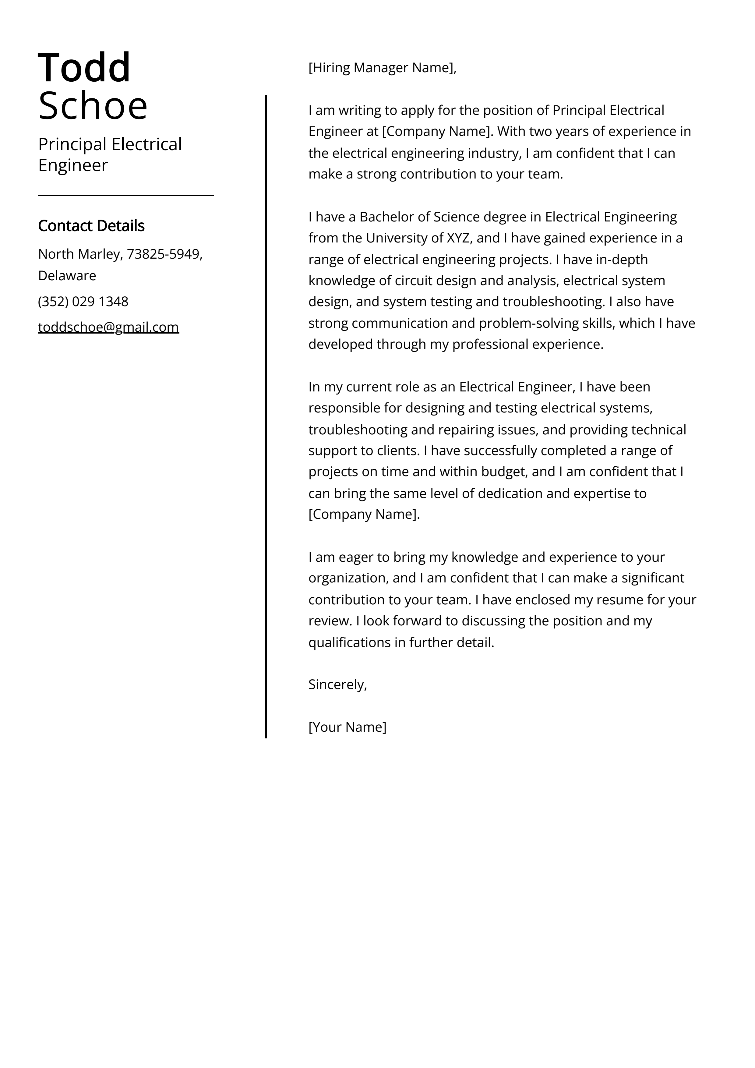 Principal Electrical Engineer Cover Letter Example