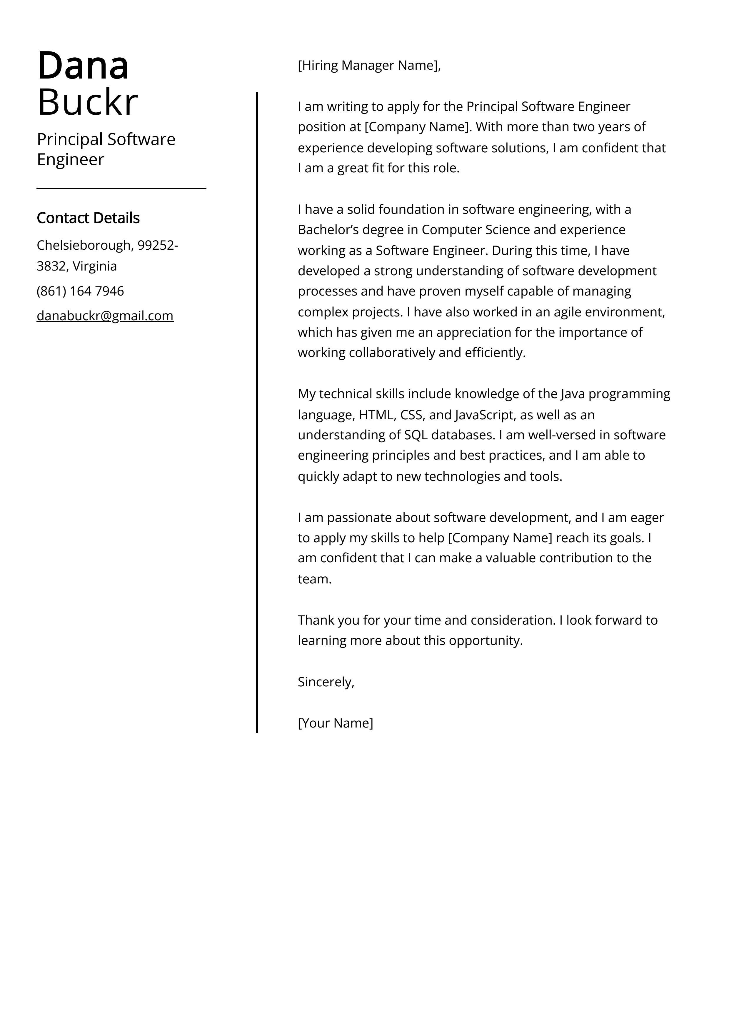 Principal Software Engineer Cover Letter Example