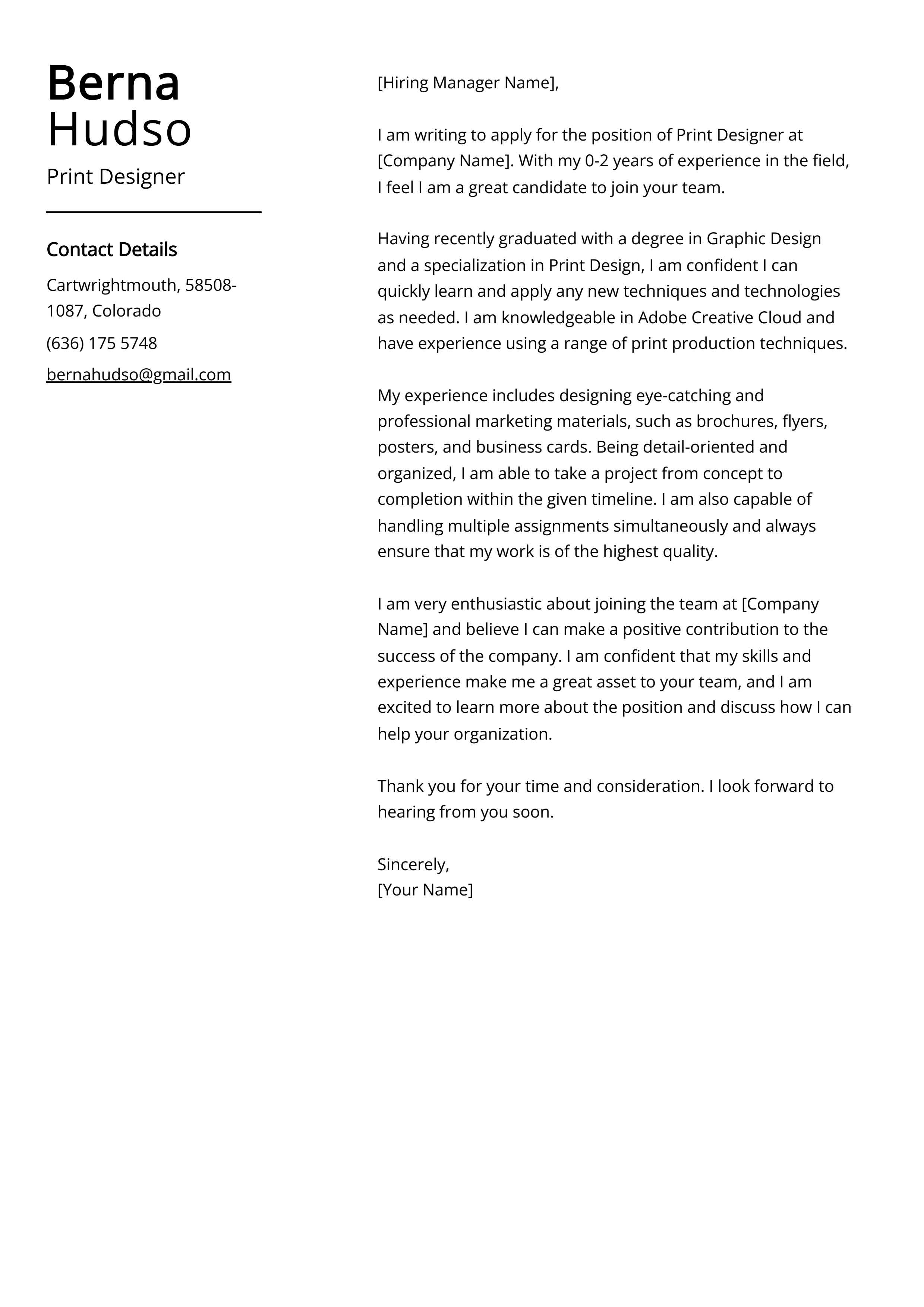 Print Designer Cover Letter Example