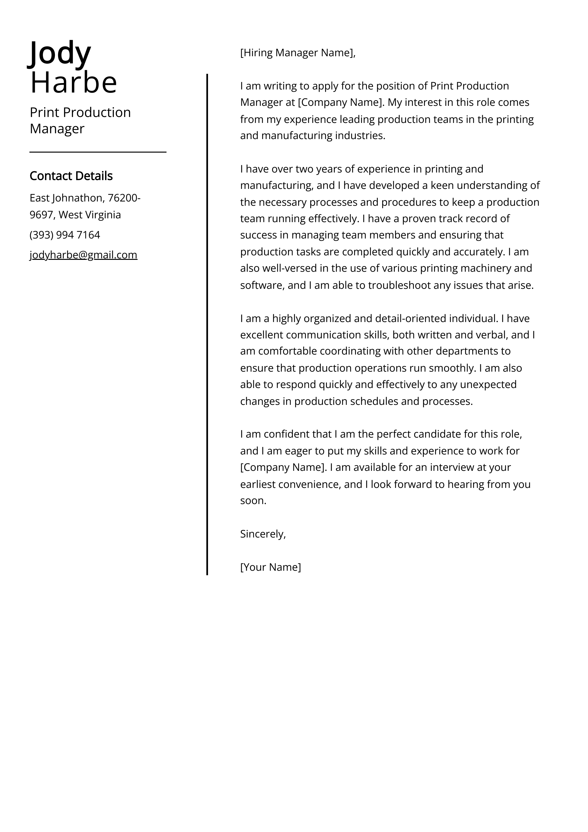 Print Production Manager Cover Letter Example