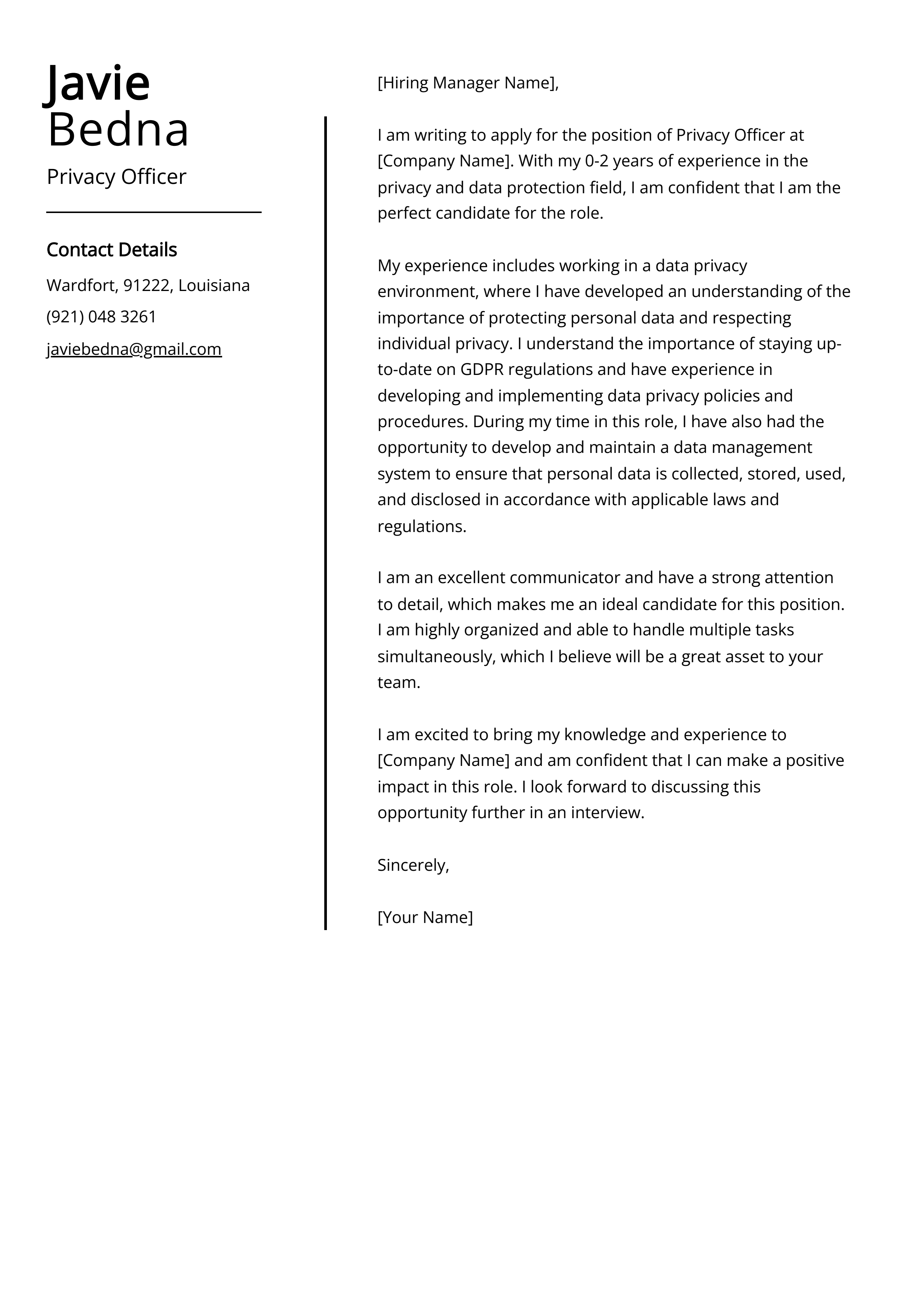 Privacy Officer Cover Letter Example