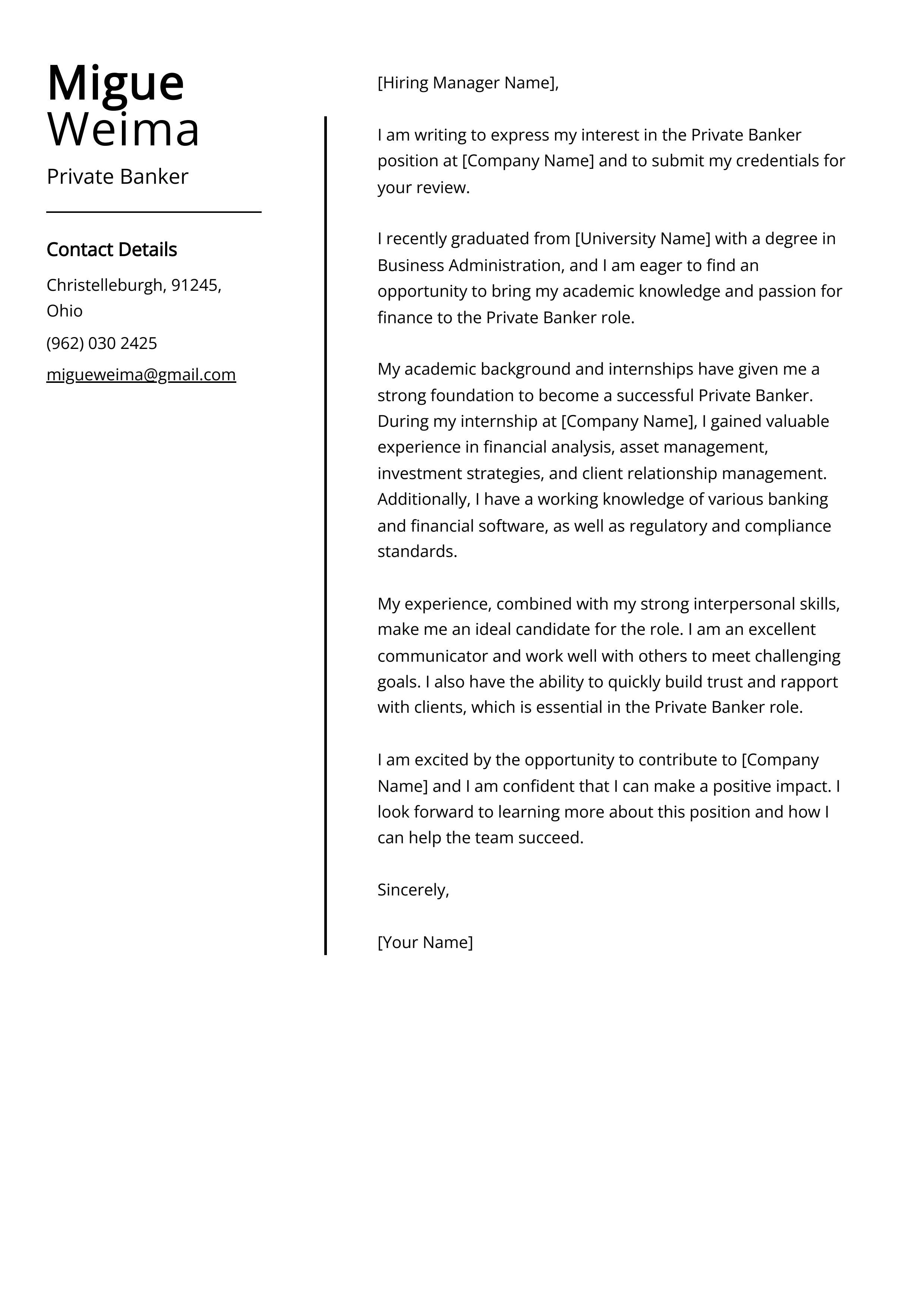 Private Banker Cover Letter Example