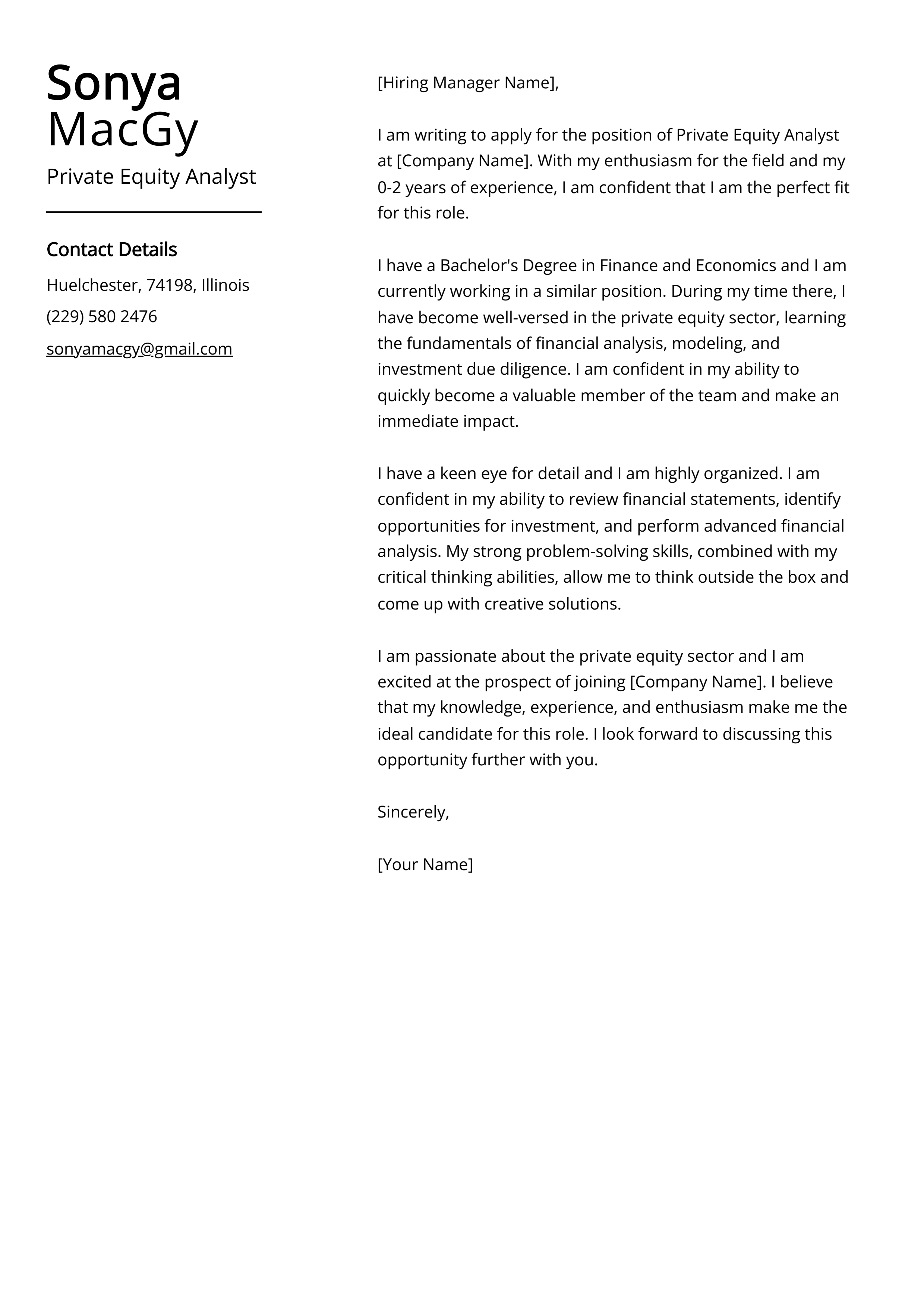 Private Equity Analyst Cover Letter Example