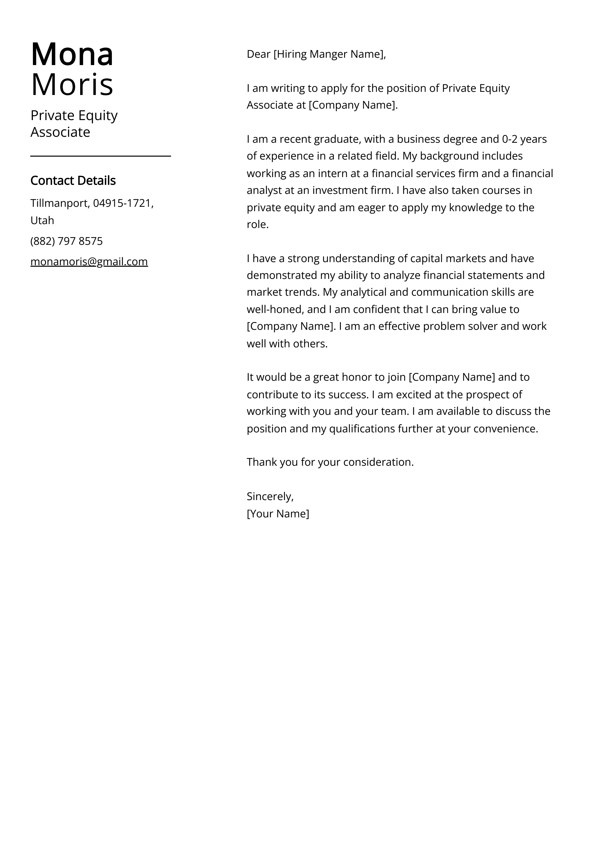 Private Equity Associate Cover Letter Example