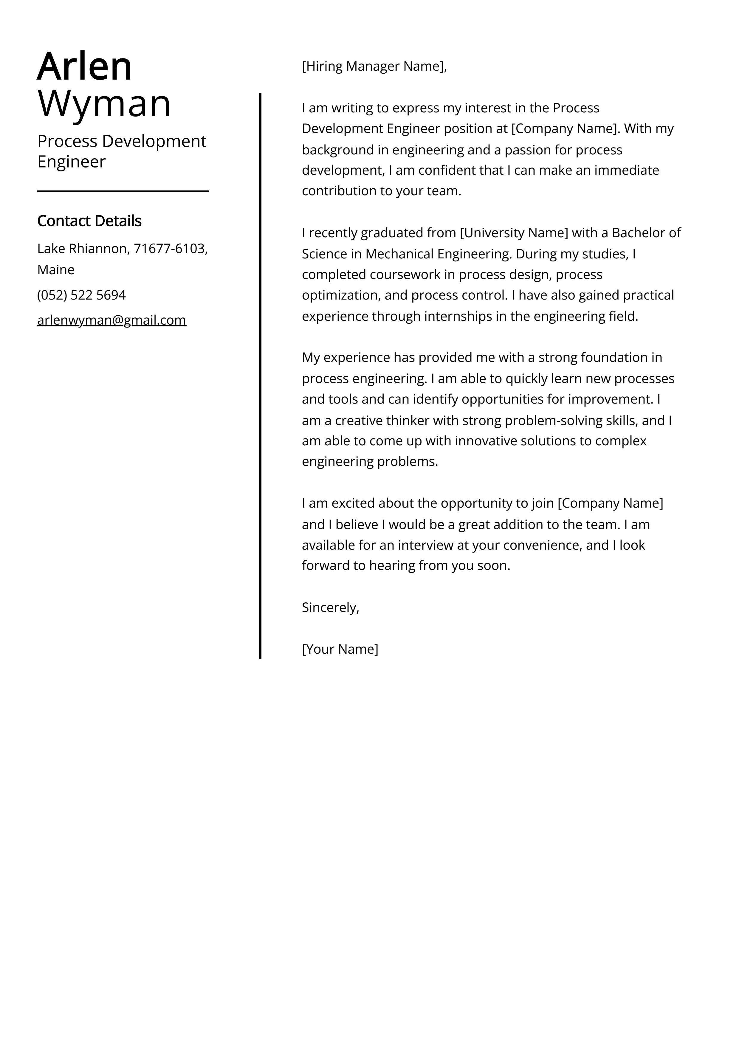 Process Development Engineer Cover Letter Example