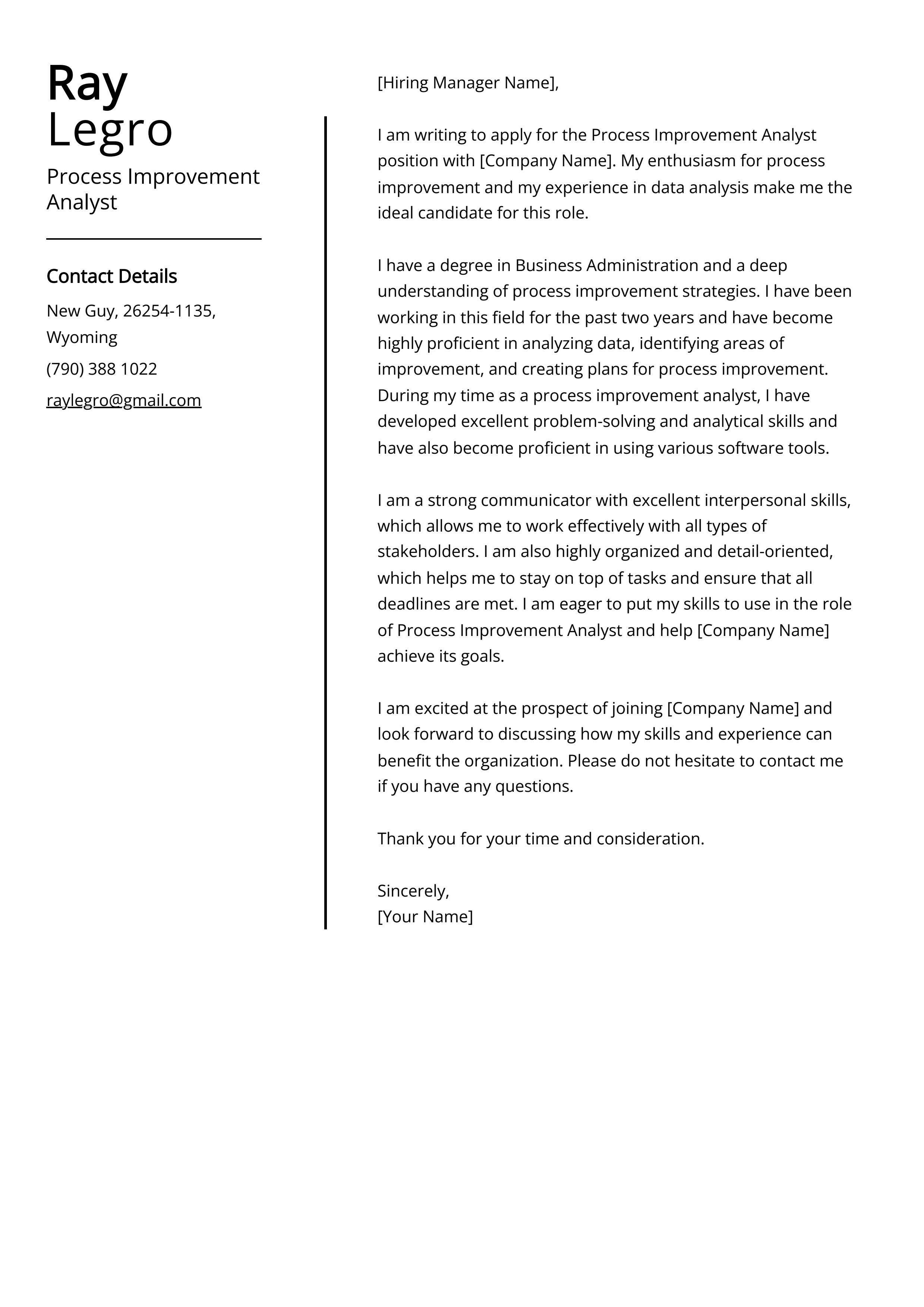 Process Improvement Analyst Cover Letter Example