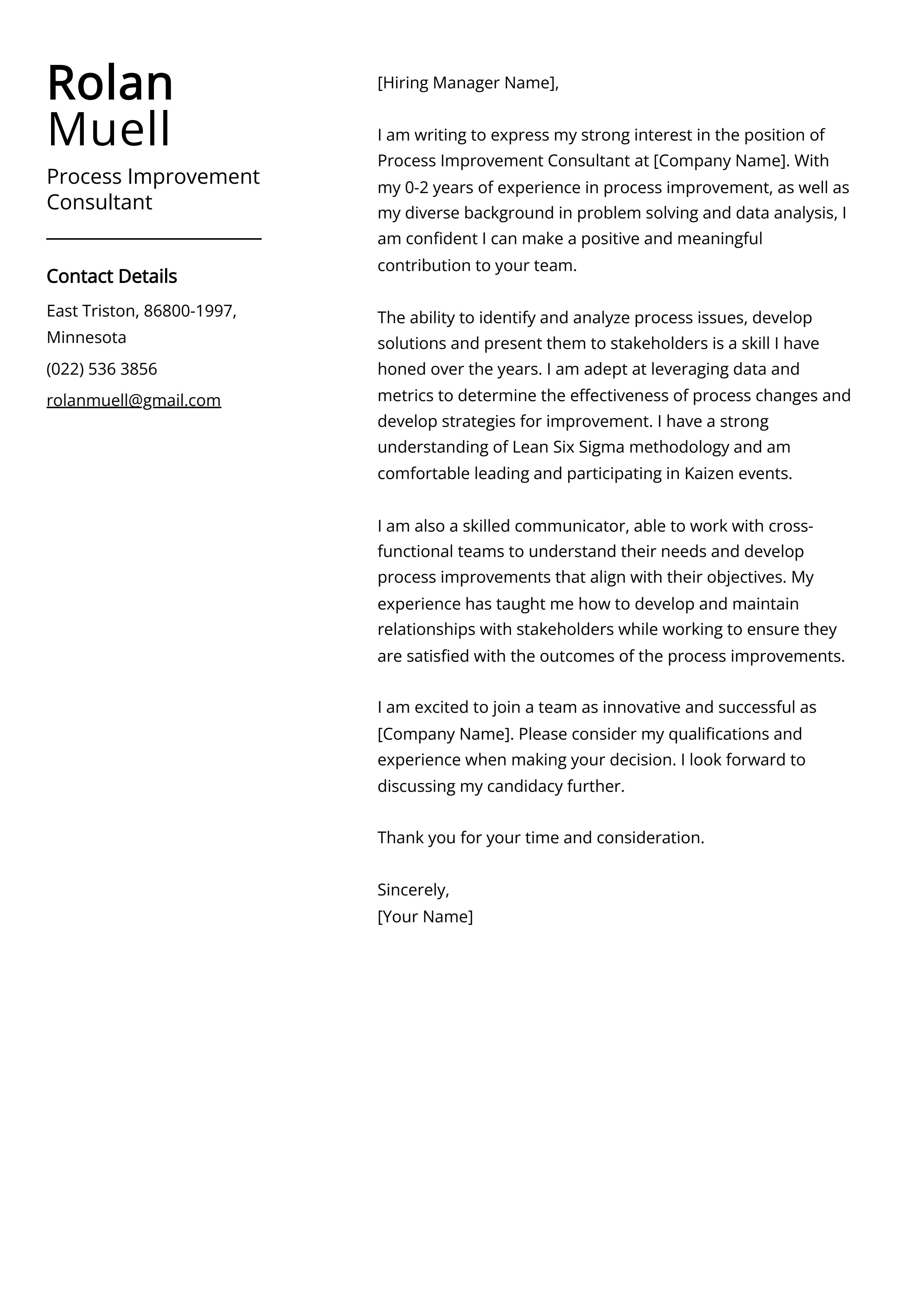 Process Improvement Consultant Cover Letter Example